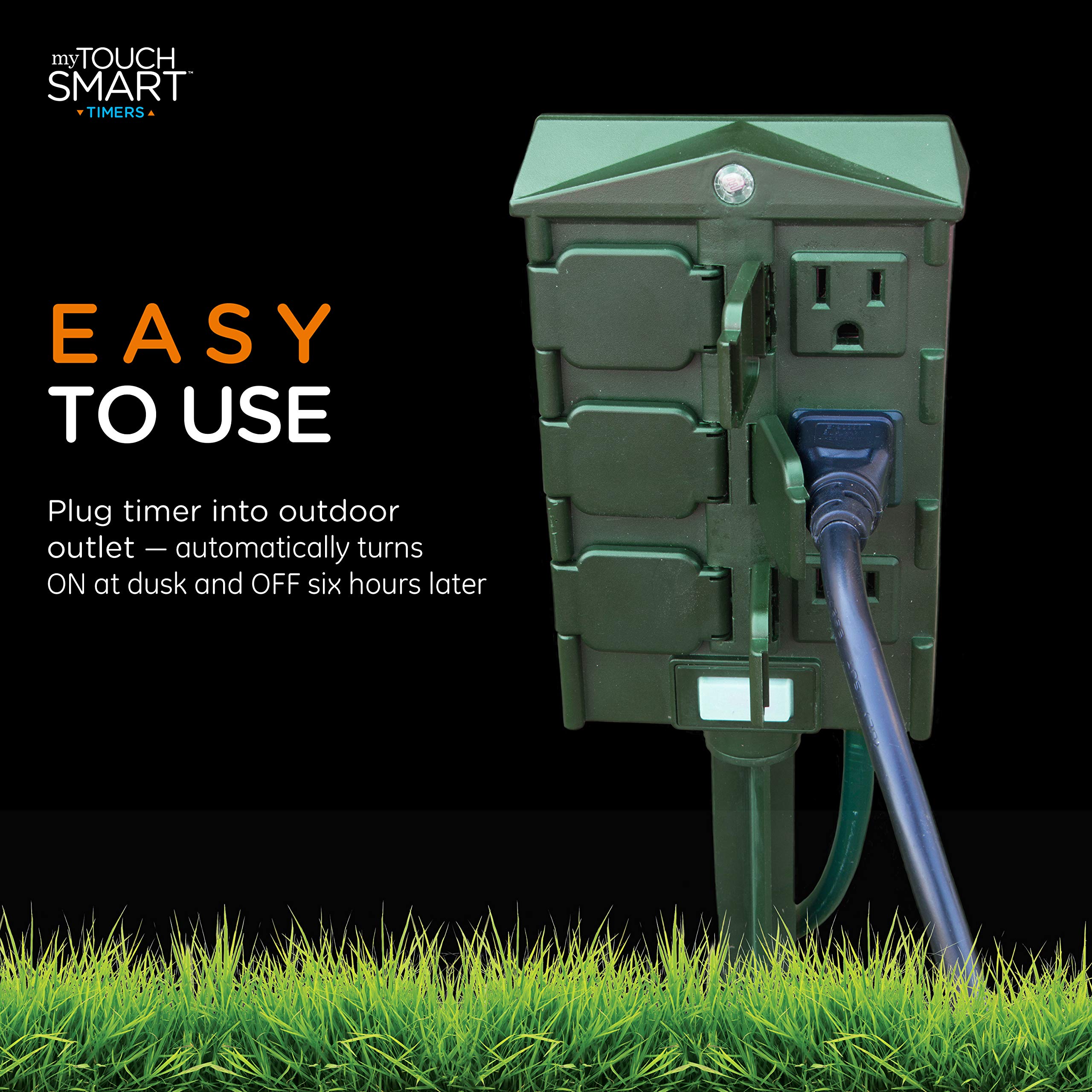 myTouchSmart Outdoor Timer with 6 Outlets, 6ft Cord, Weather Resistant, Model 48708, Green