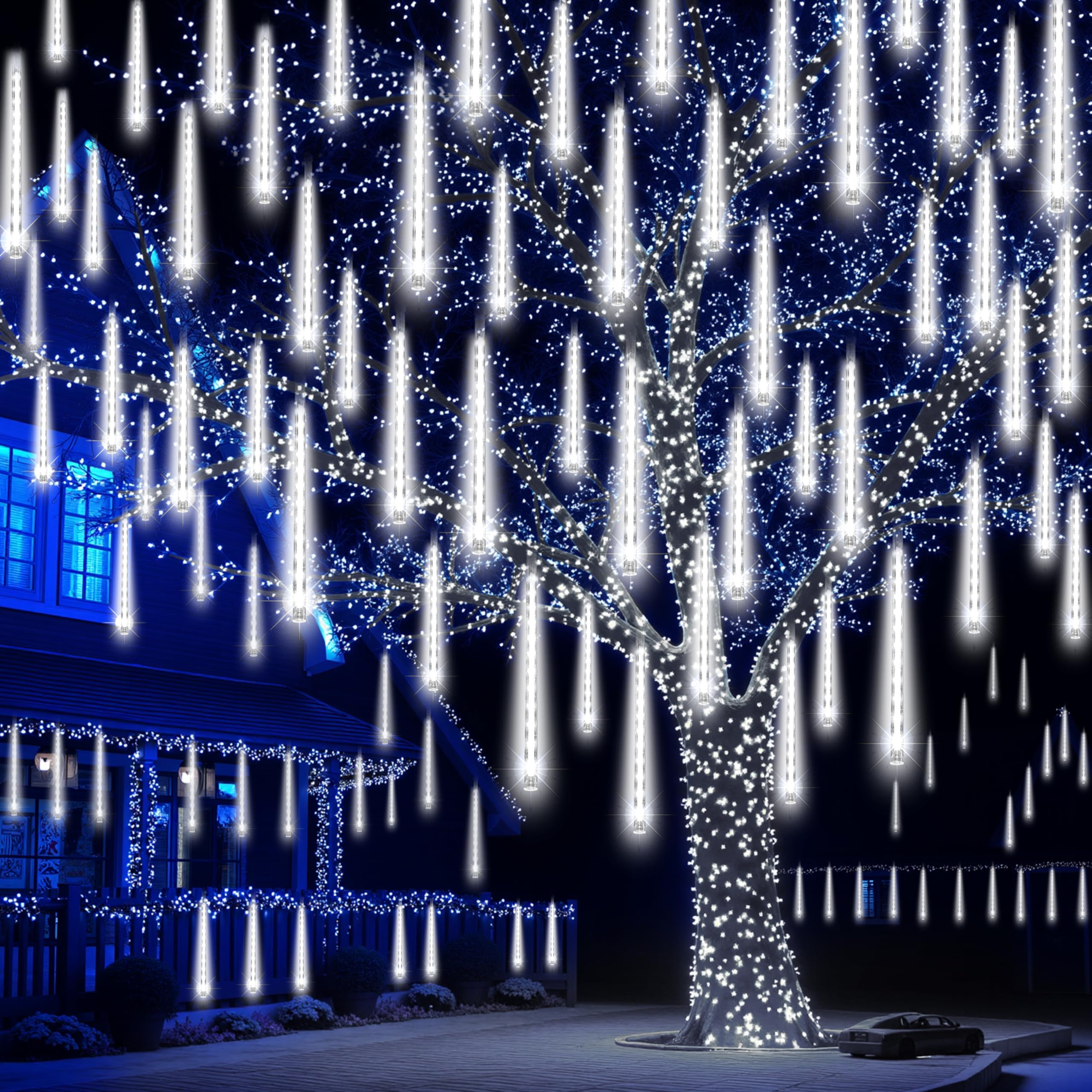 JOYIN Christmas Lights Outdoor 8 Tubes Meteor Shower Lights White 192 LEDs  Snowfall Icicle Cascading Rain Light for Christmas Tree Decorations  Wedding Party Holiday Decor