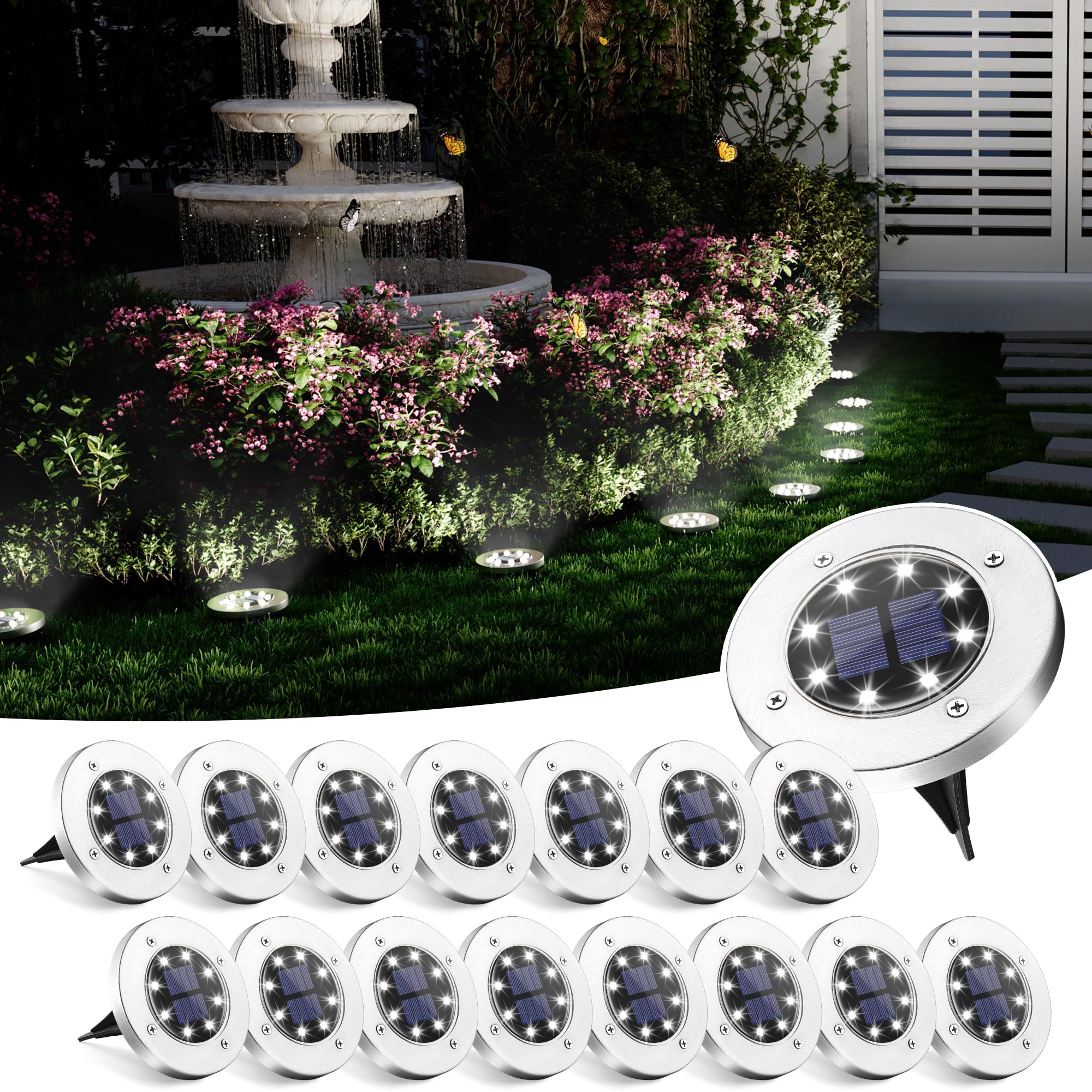 SOLPEX Solar Ground Lights, 16 Pack, Waterproof, 8 LED, Stainless Steel, Cool White, Model 8715