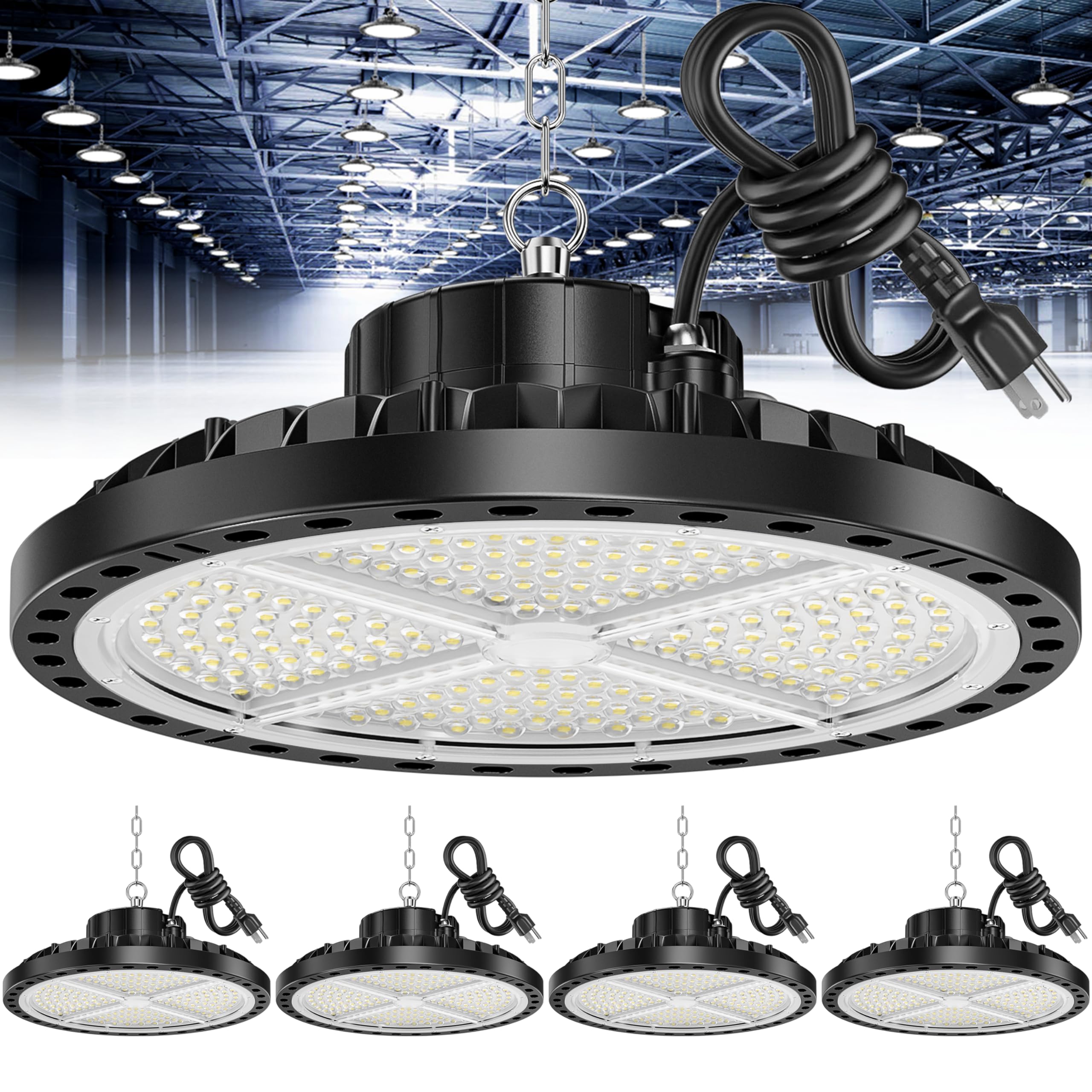 ISKYDRAW UFO LED High Bay Light 200W, 4 Pack Shop Lights for Warehouse with Plug, 30000LM 6500K Daylight IP65 Waterproof Commerc