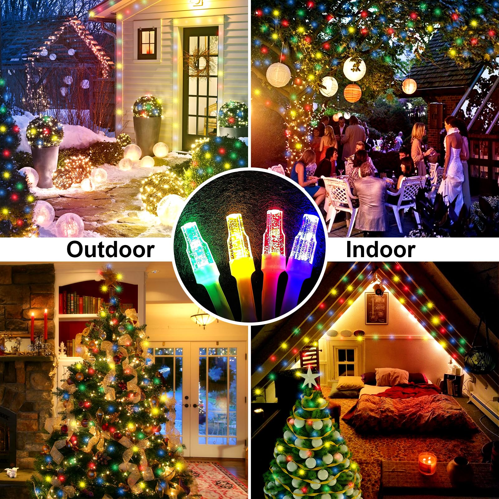 FLVOECN Outdoor Fairy Lights, Waterproof Plug-in String Lights, 98Ft, 200 LED, Multicolor, F8 Model