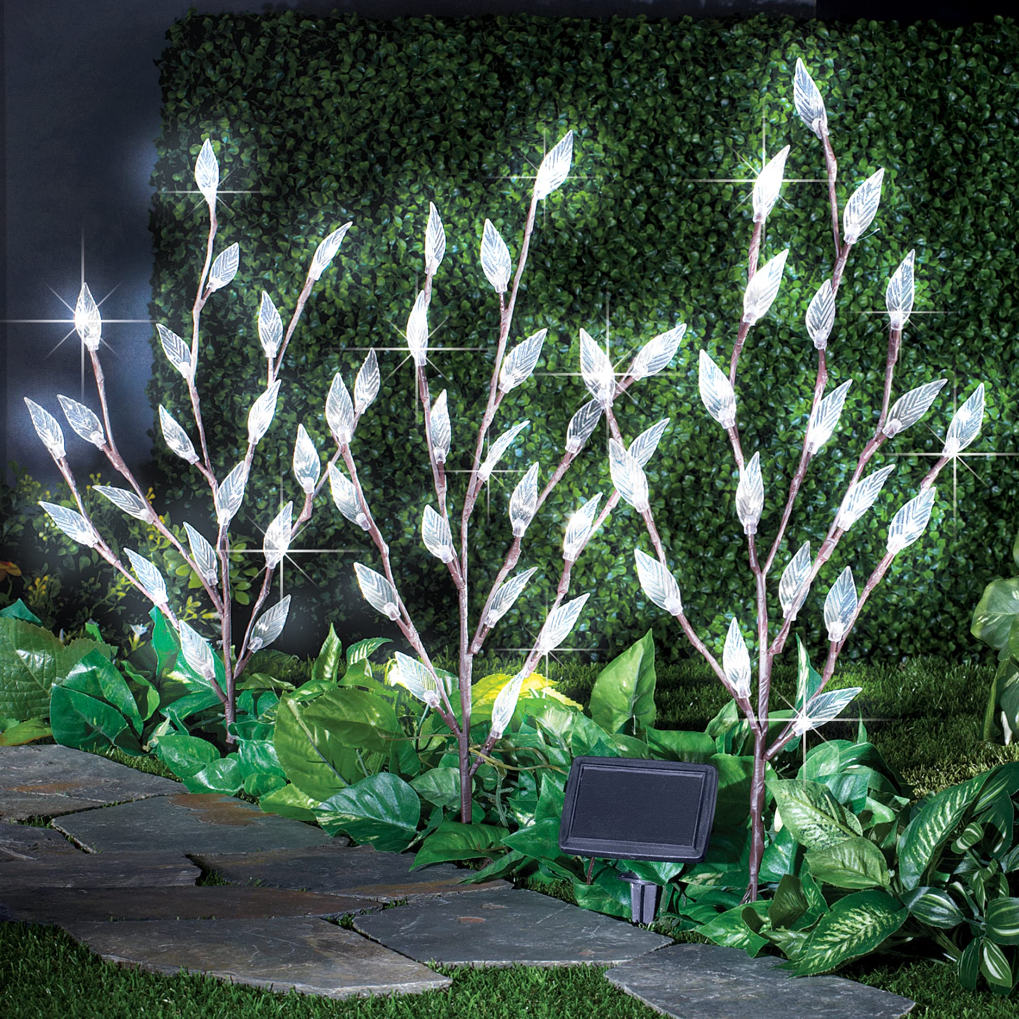 Collections Etc Bright Leaf Branch Solar Garden Lights With Adjustable Branches - Set Of 3, Outdoor Decorative Accents, White, 6