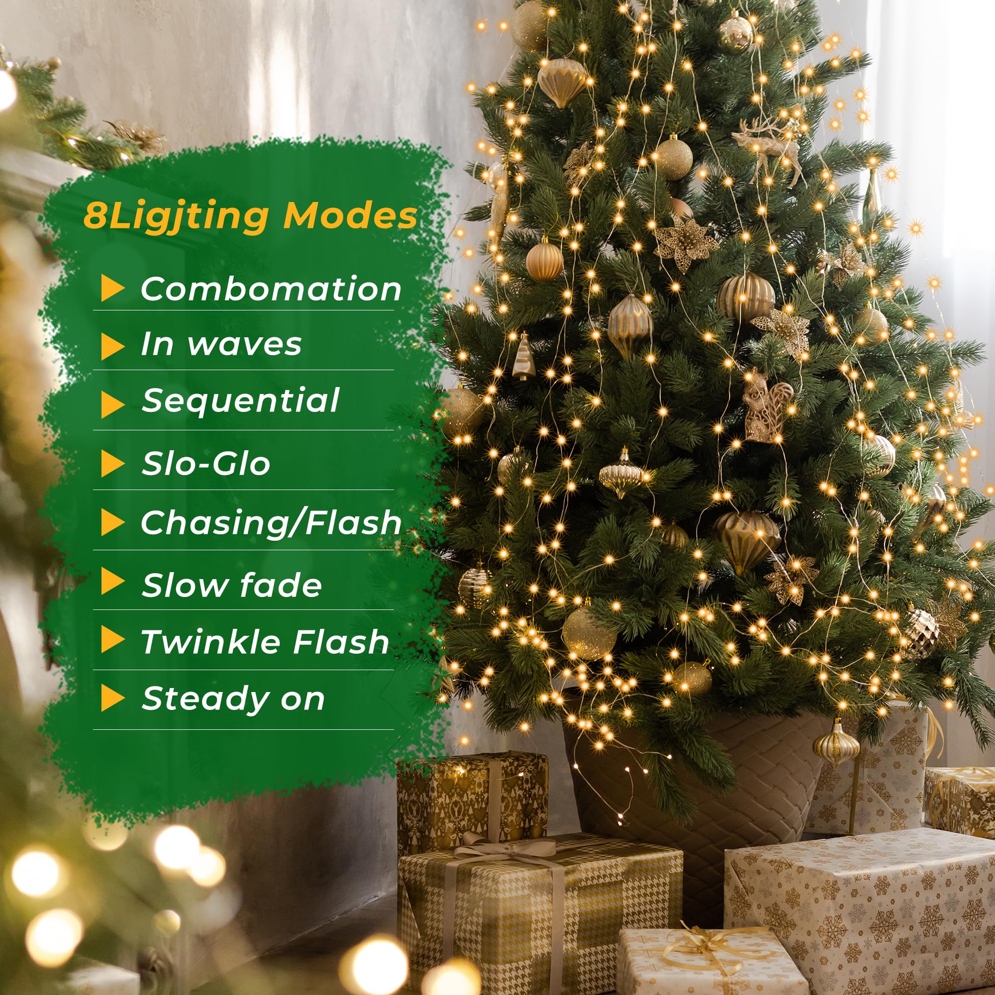 Christmas Tree Lights, 400 LED Christmas Lights with 8 Light Modes & Memory Function, 8.2FT x 16 Lines String Lights with Timing