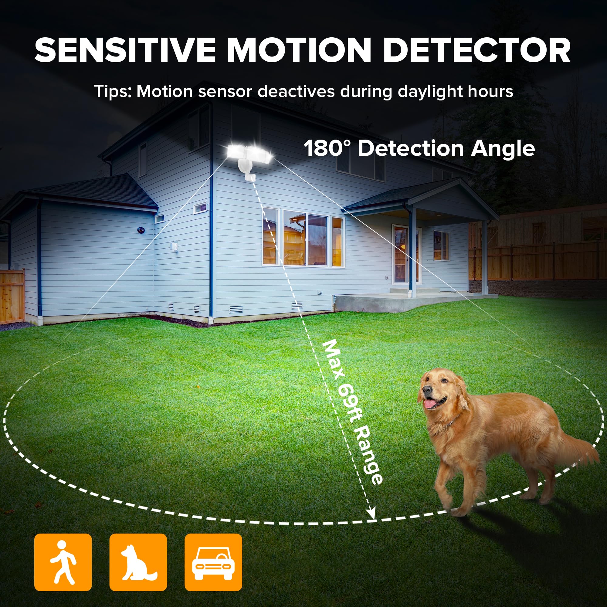UME LED Security Light 49W 5500LM Motion Sensor, IP65 Waterproof, 3 Head, Dusk to Dawn, 5000K Daylight, White, Model 763281105
