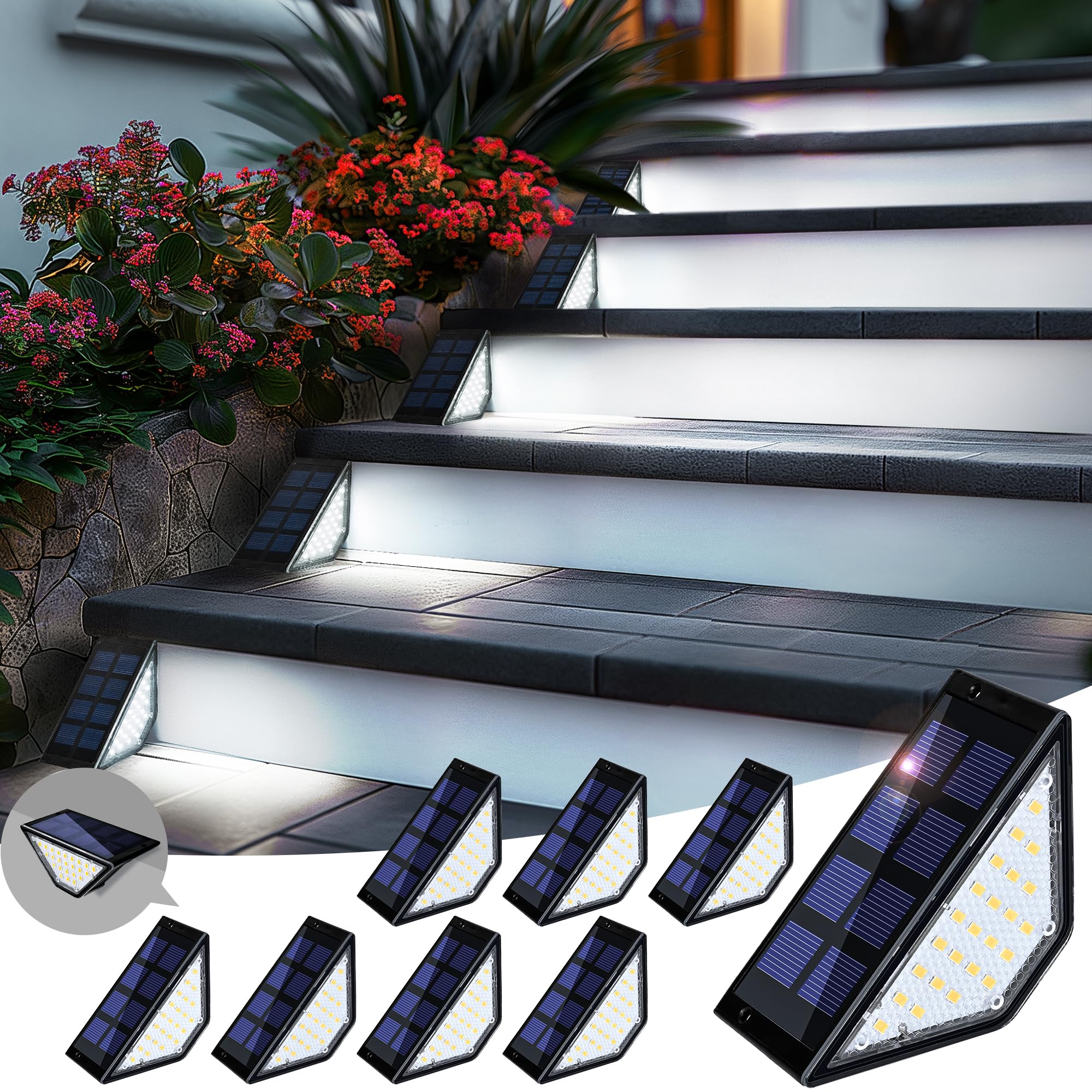 PATIOWIN Solar Step Lights, 24 LEDs, Waterproof IP65, 8 Pack, Cold White, Model 9088, for Yard, Porch, Deck, Stair, Patio