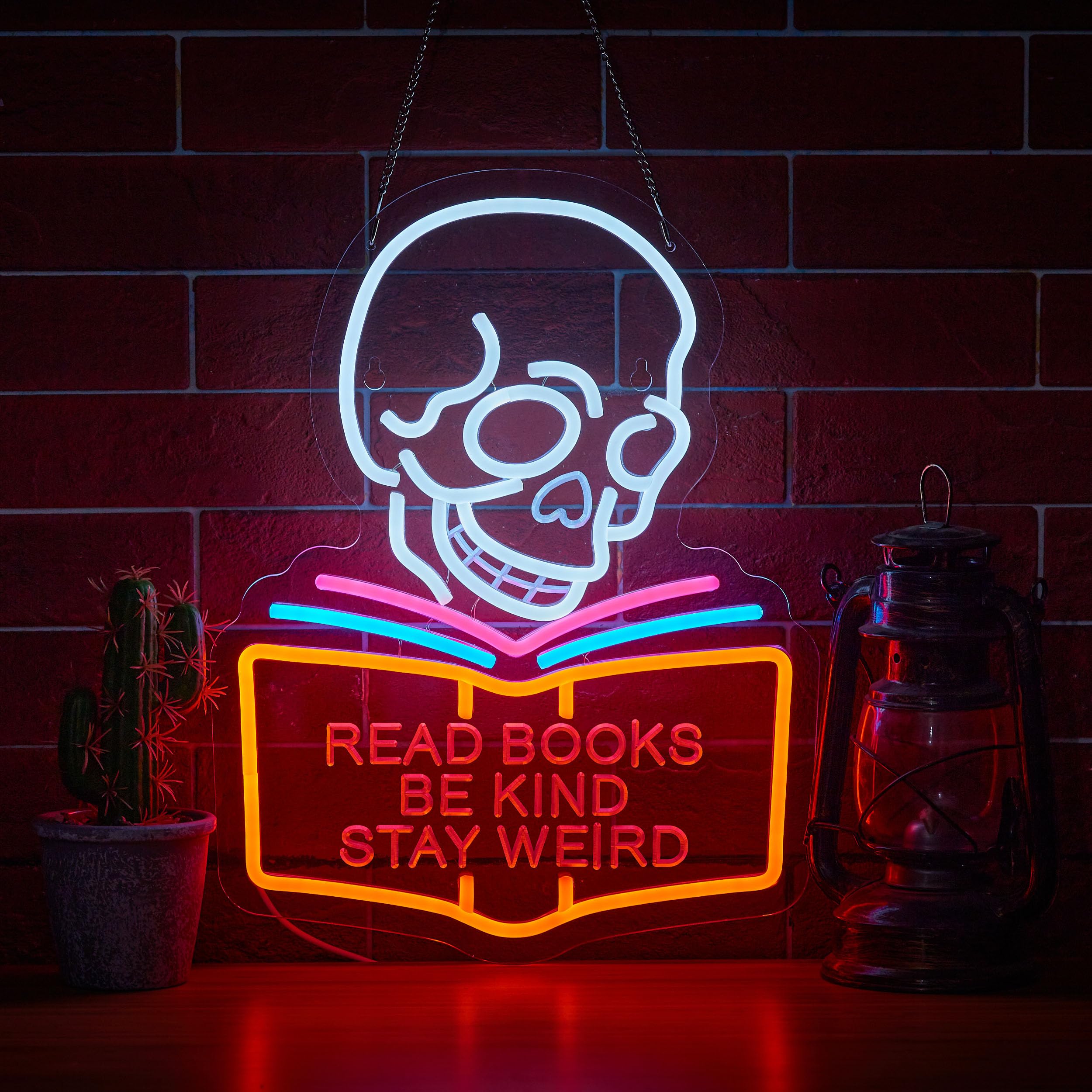 Roouneon LED Neon Wall Sign - inRead Books Be Kind Stay Weirdin - Dimmable - Acrylic - White, Pink, Blue, Orange