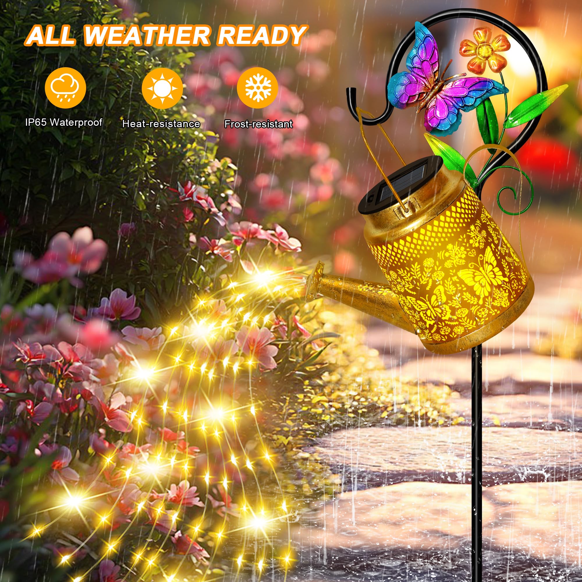 Solar Watering Can Lights Outdoor Garden Decor, Large Butterfly Hanging Lantern With Shepherd Hook, Waterproof Garden Lights For