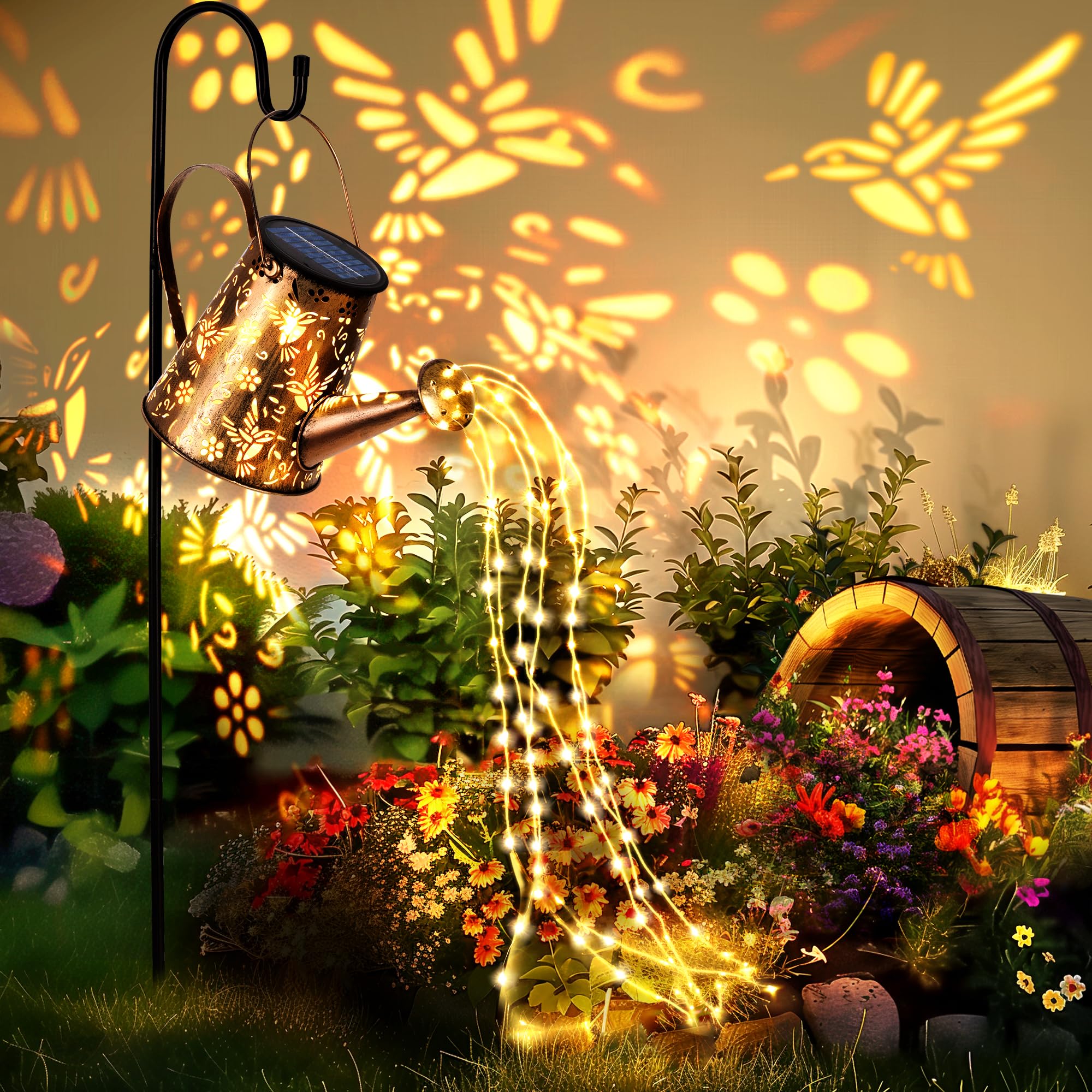 PATIOPIA Solar Lights Outdoor Garden Lanterns, Large Watering Can Decor, Gold, Metal, 2 Pack, Model 9204