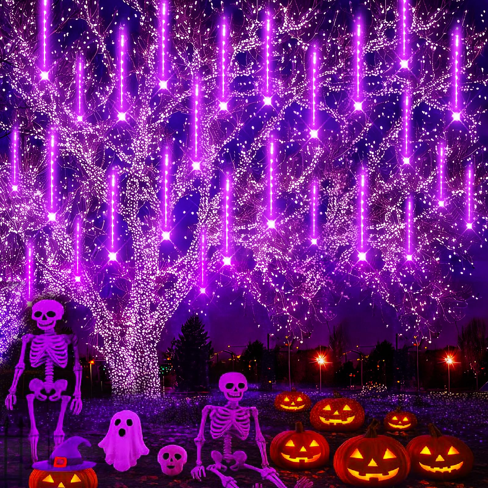 Lauzior Halloween Decoration - 32 Tubes Meteor Shower Lights, Waterproof, 12 Inch, Purple