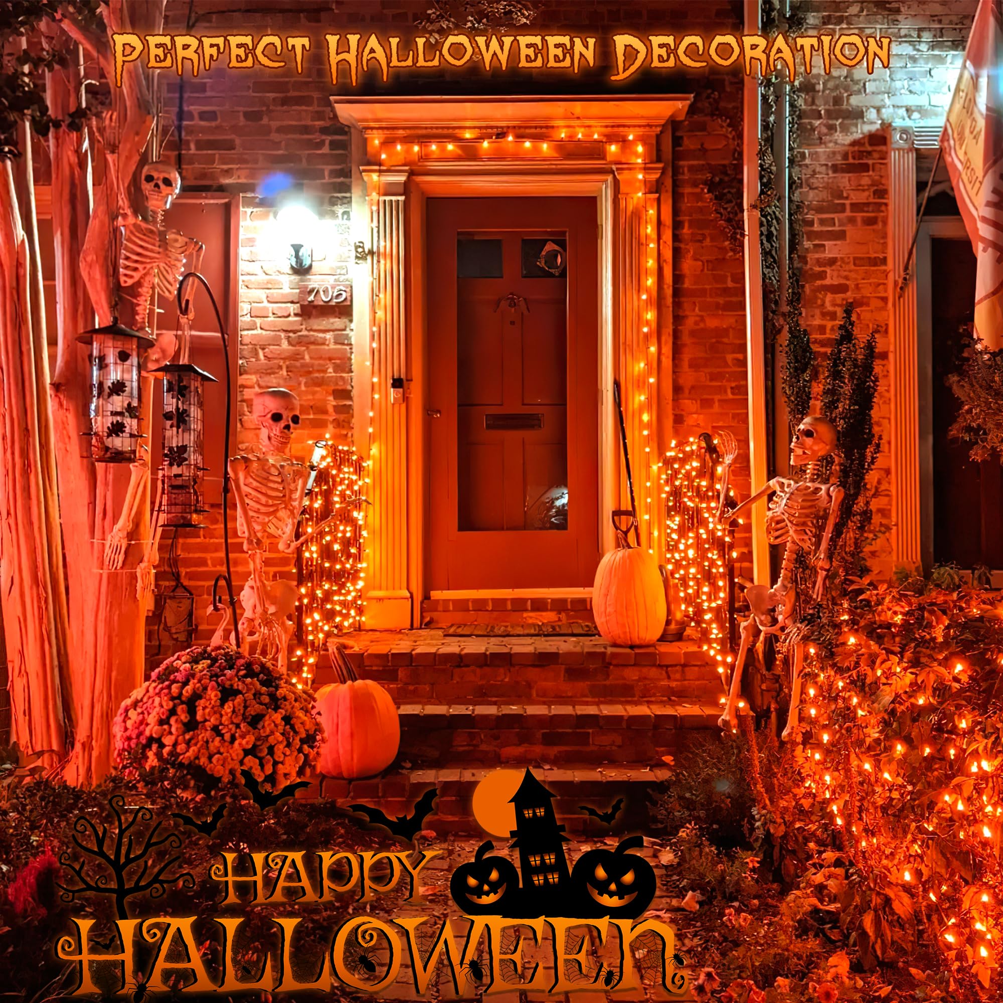 Woohaha Solar Halloween Lights, 33ft 100LED, Copper Wire, 2 Pack, Orange, Model WHSLL-100-33-O-OR