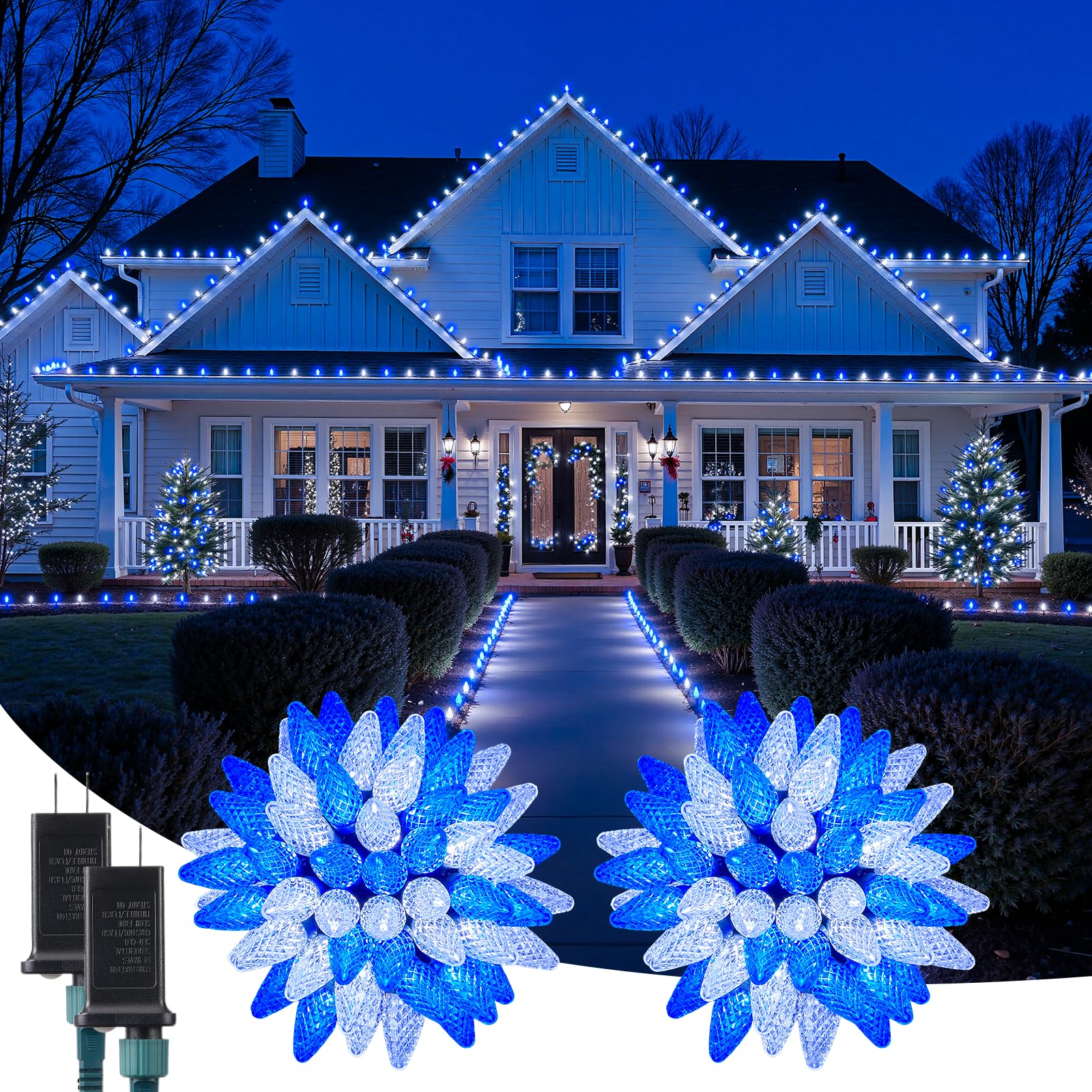 C9 Christmas Outdoor Lights  72 Ft 110 Led C9 String Lights  8 Modes & Timer Extendable Waterproof For Christmas Tree Indoor Outdoor Roofline Patio Outside Garden Backyard Xmas Decor  Blue White