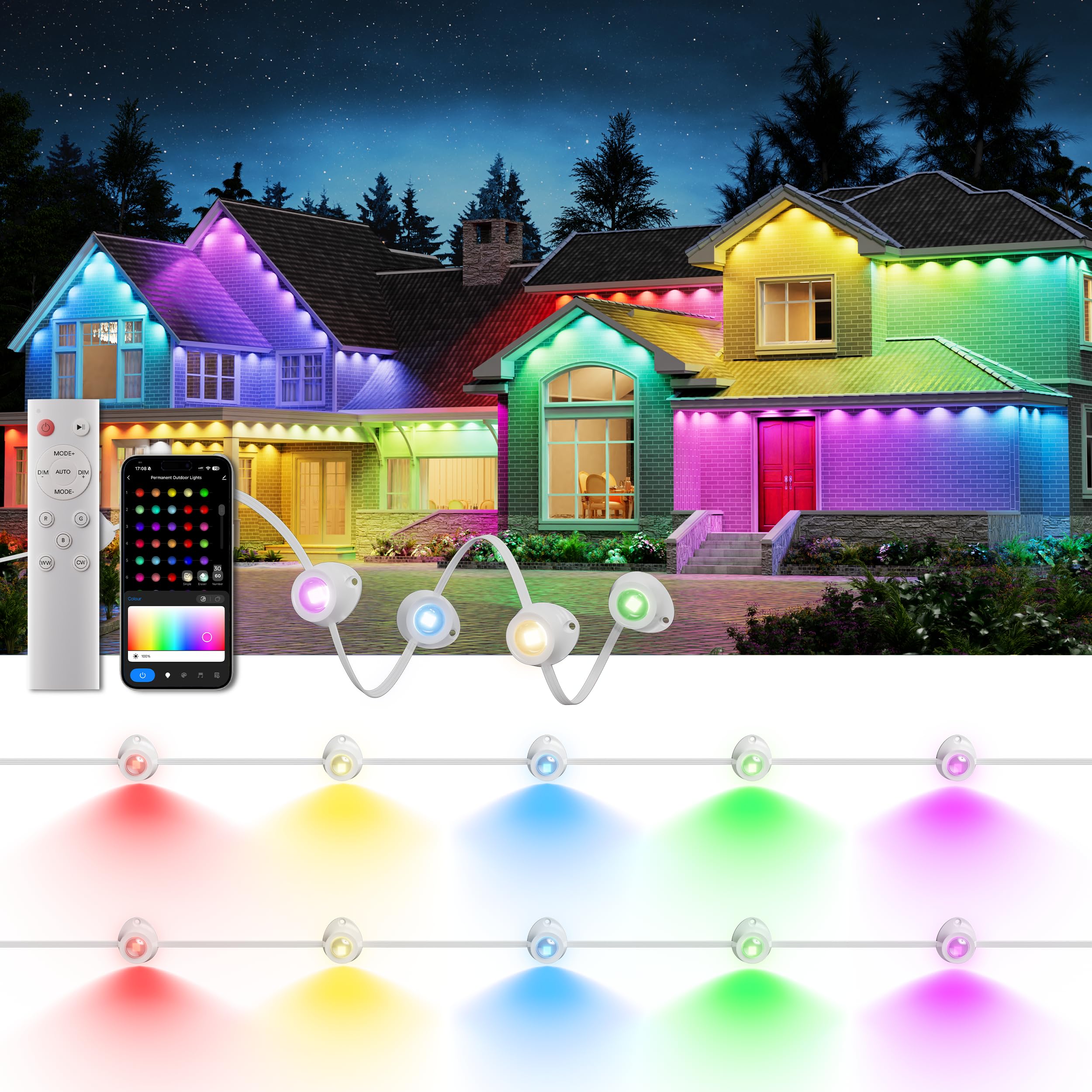 DeckTok Permanent Outdoor Lights  100ft RGB & 60pcs LED Lights  79 Scene Modes with Timer for Smart Outdoor Decorations  IP67 Waterproof Works with Alexa and Google