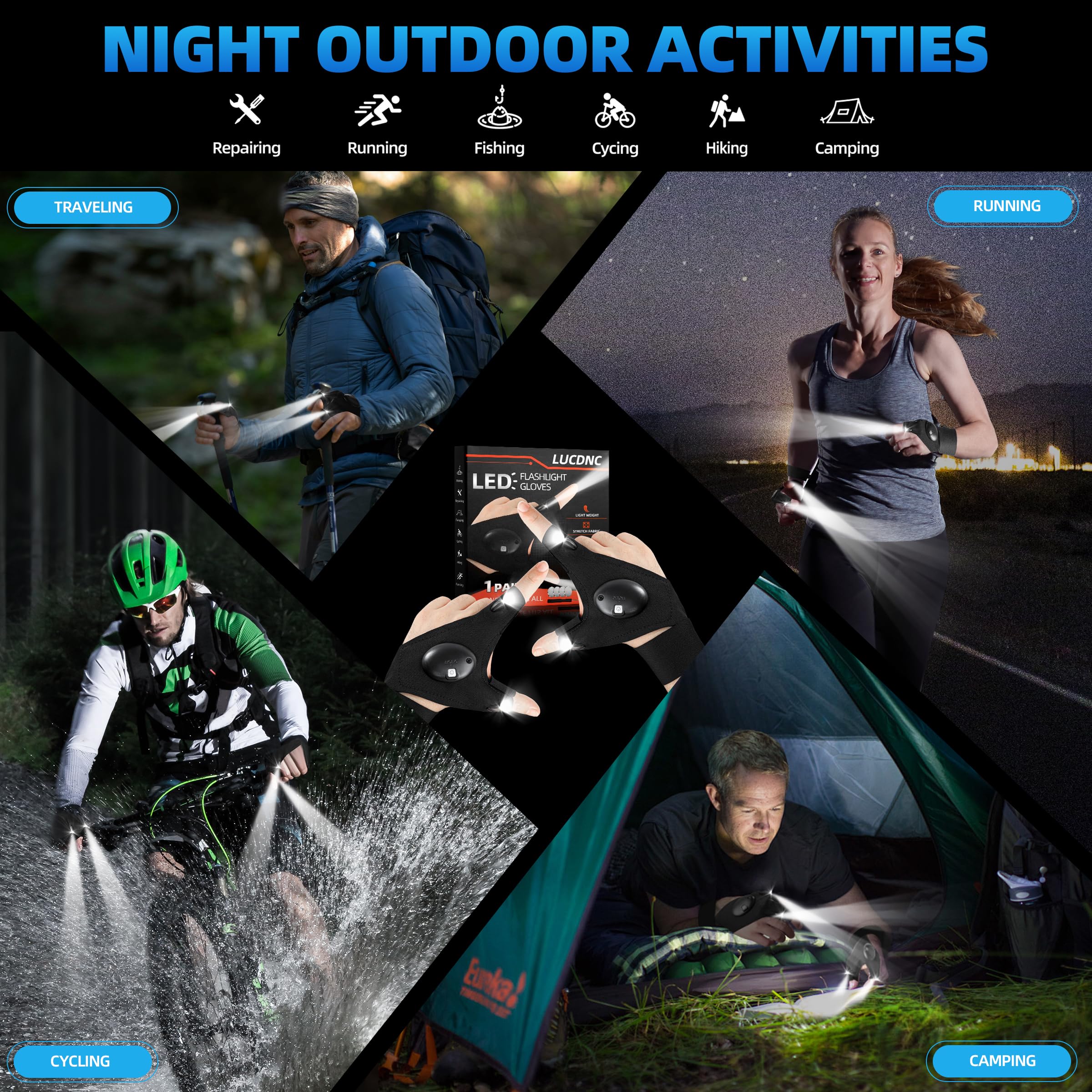 Gifts for Men Stocking Stuffers for Adults LED Flashlight Gloves Cool Gadgets Tools Outdoor Hands Free Flashlights for Fishing R