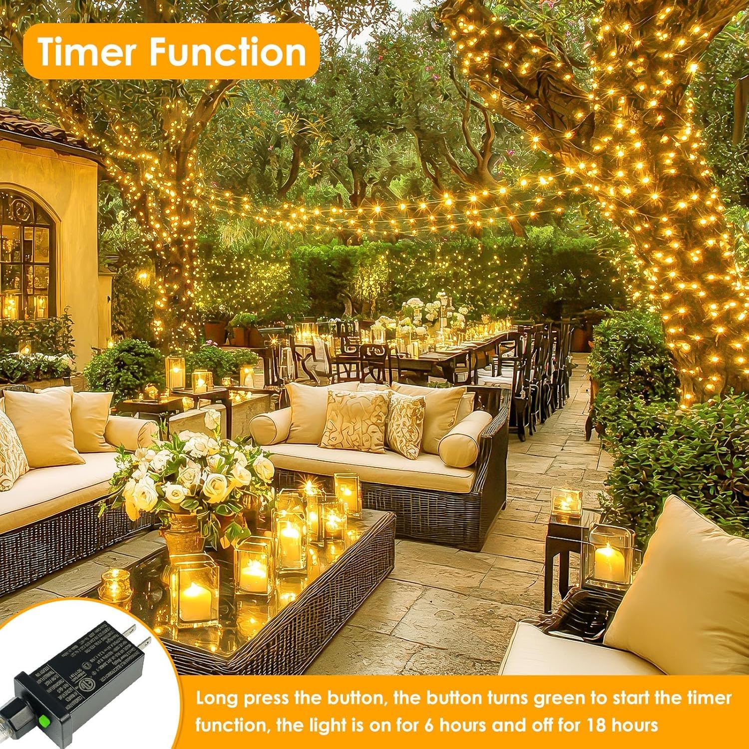 BHCLIGHT 99Ft 300 LED Fairy Lights, Waterproof, 8 Modes, Timer, Warm White, Indoor/Outdoor, Model MLS-D4.5V1.35WUC-O