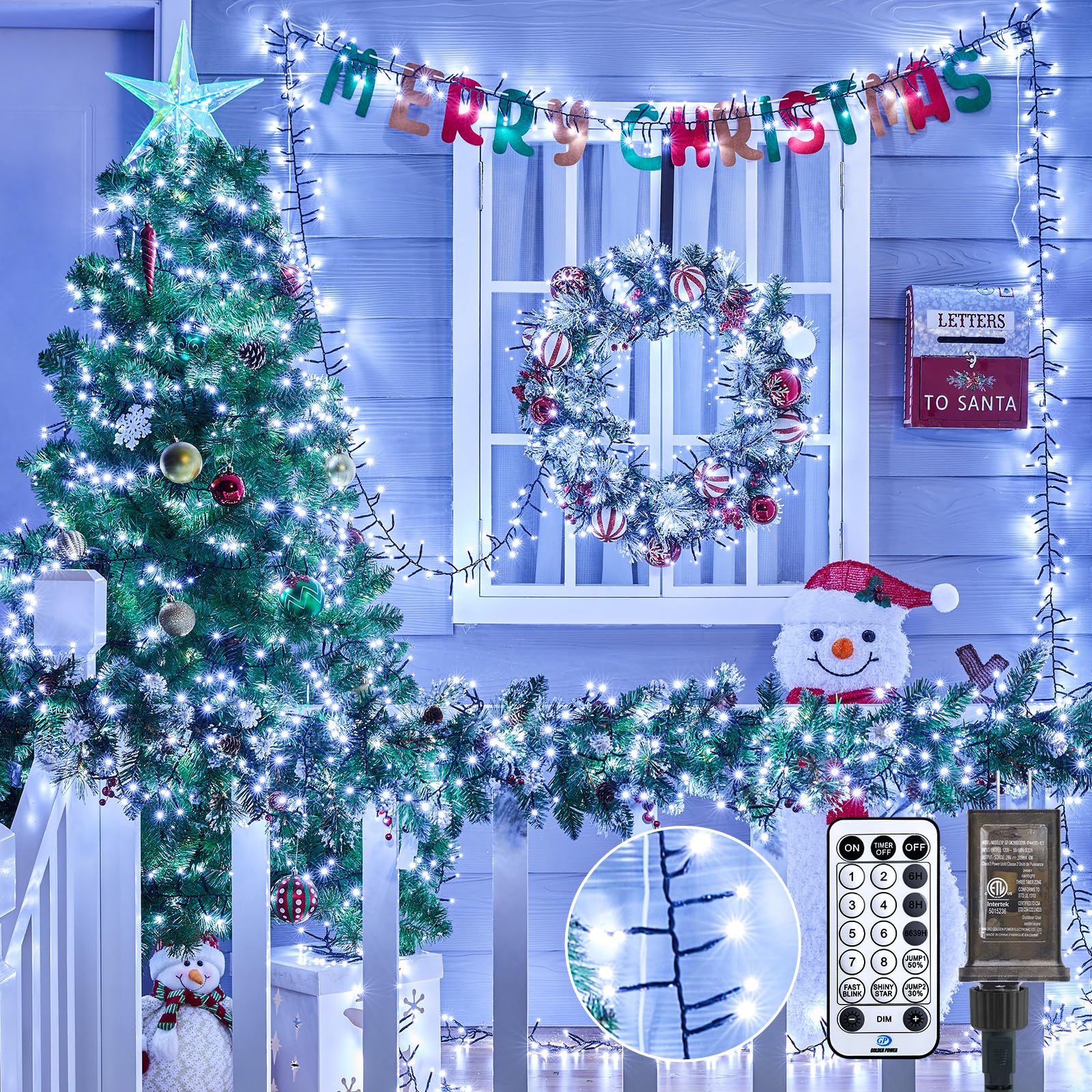Minetom 100 Ft LED Cluster Lights, 2000 Cool White Fairy Lights, 12 Modes, Waterproof, Remote, Model DMO-S-2000