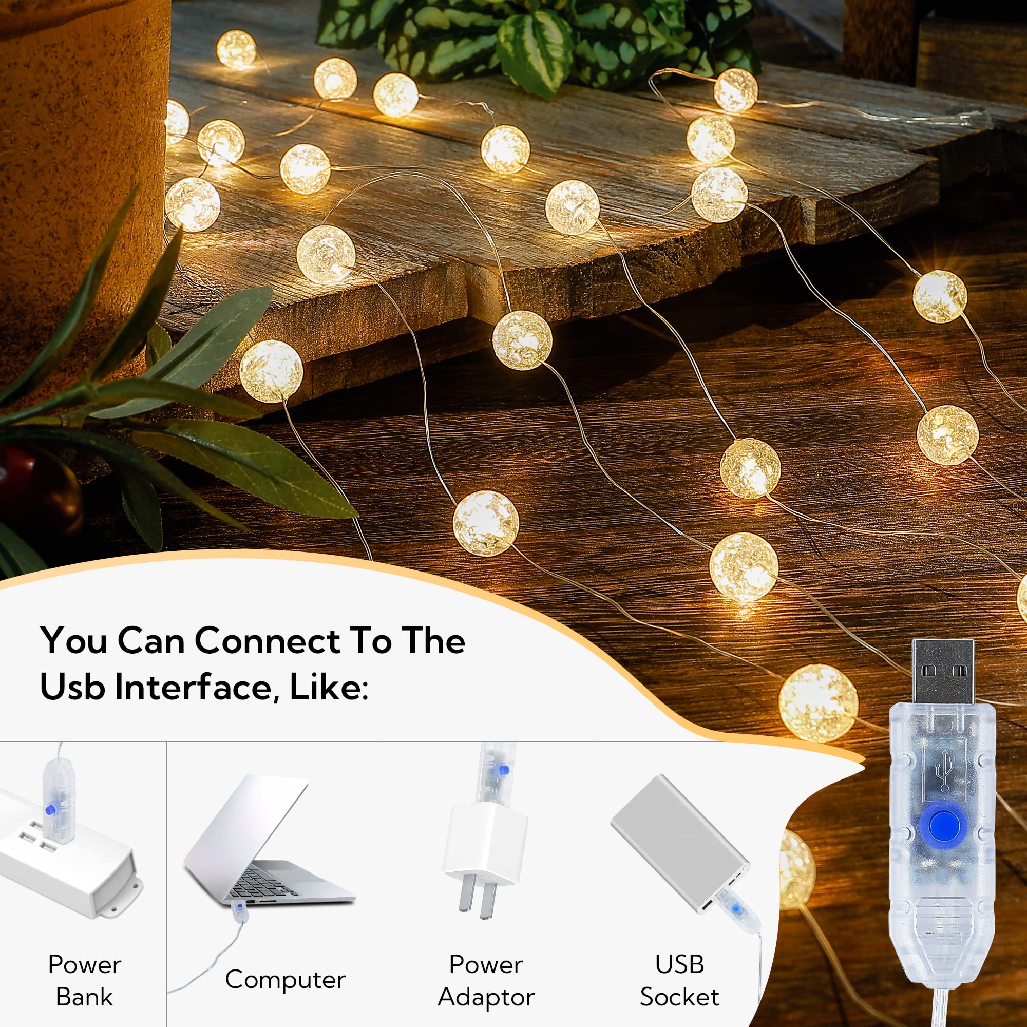 BEEWIN 10FT Globe String Lights, 30 LED Warm White USB Fairy Lights, 8 Modes, Indoor/Outdoor, Decorative for Weddings, Parties, and Gardens