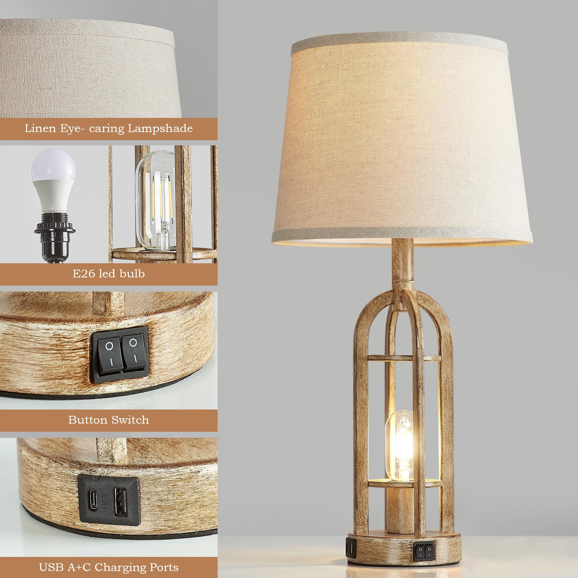 SRJJA Table Lamps Set of 2 - Rustic Wood Bedside Lamps with USB Ports, 24'' Button Switch, 4 Bulbs Included, Model QY_S2227-2T BW