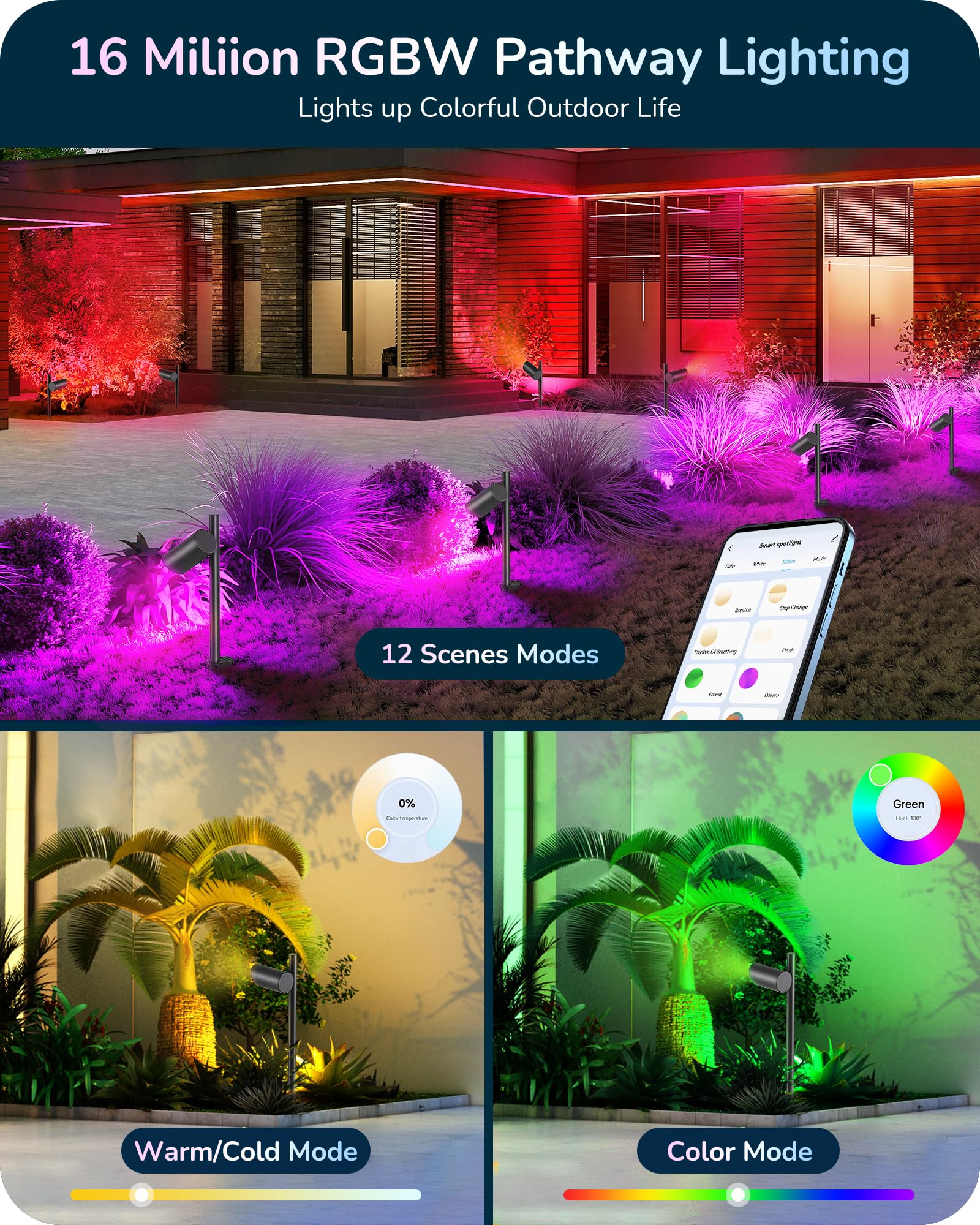 EDISHINE 30" Smart Color Changing Landscape Spotlight, 300LM RGBWW, IP67 Waterproof, 48FT, Aluminum, Model HGSL33A