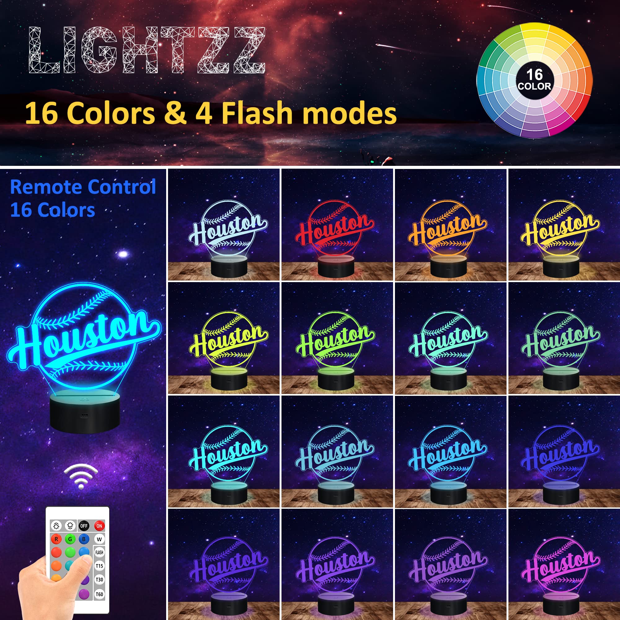 Lightzz 3D Illusion Lamp for Boys, Baseball Night Light, Remote Control, Acrylic, Houston Color, Model FS-xxxyyy