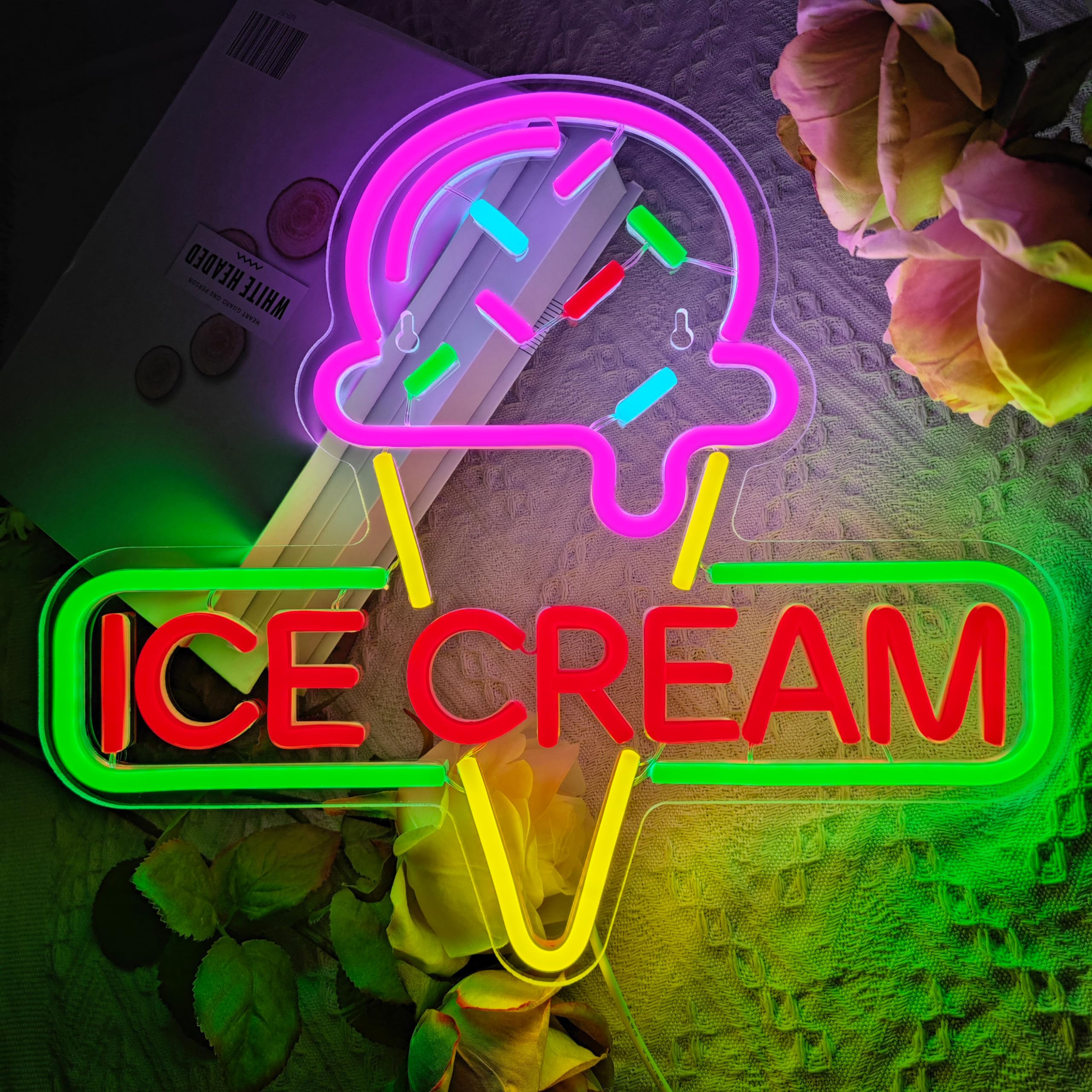 VIKLIU Ice Cream Neon Sign LED Lamp Acrylic USB Powered 14.5x13 inches Ice Cream Decor for Cafe Office Bedroom Restaurant