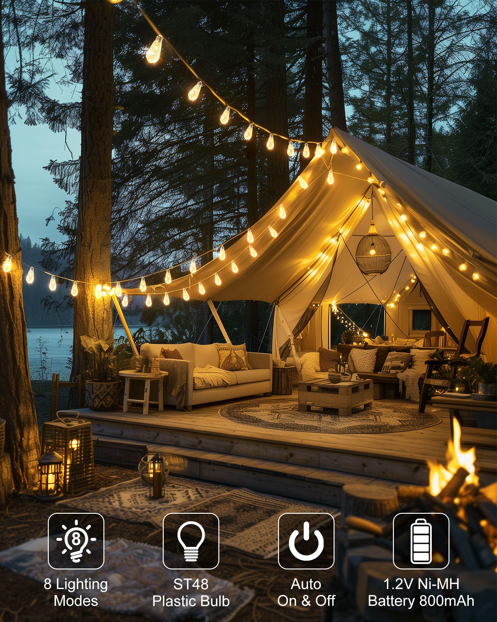 Brightown 30Ft Solar String Lights Outdoor With 15 Shatterproof Bulbs, 8 Light Modes Vintage Hemp Rope Led Patio Lights, Waterpr