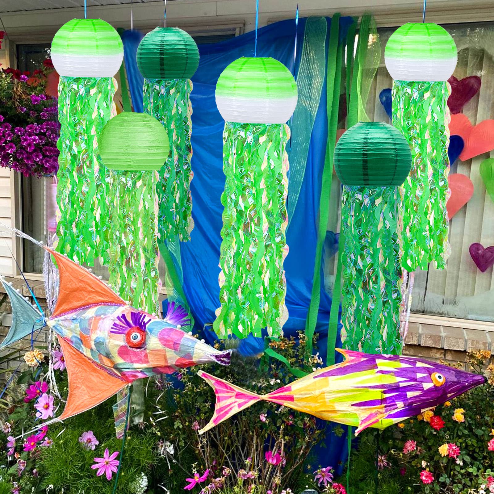 Meiduo 6 Packs Jellyfish Paper Lanterns Hanging Mermaid Wishes Lantern Gradient Green Mint Green Ocean Theme Party Supplies Grea