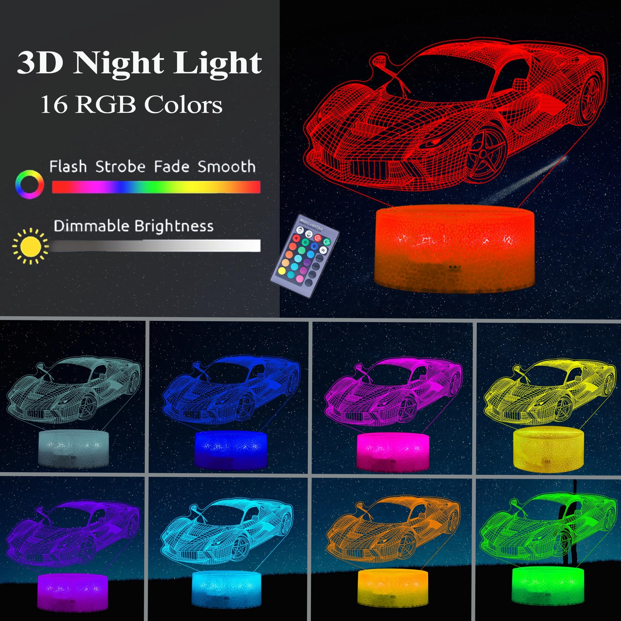 Posshe Car Gifts For Men, Racing Vehicle Night Light With Remote Control, 16 Colors Changing, Rgb Flashing Mode And Dimmable, Co