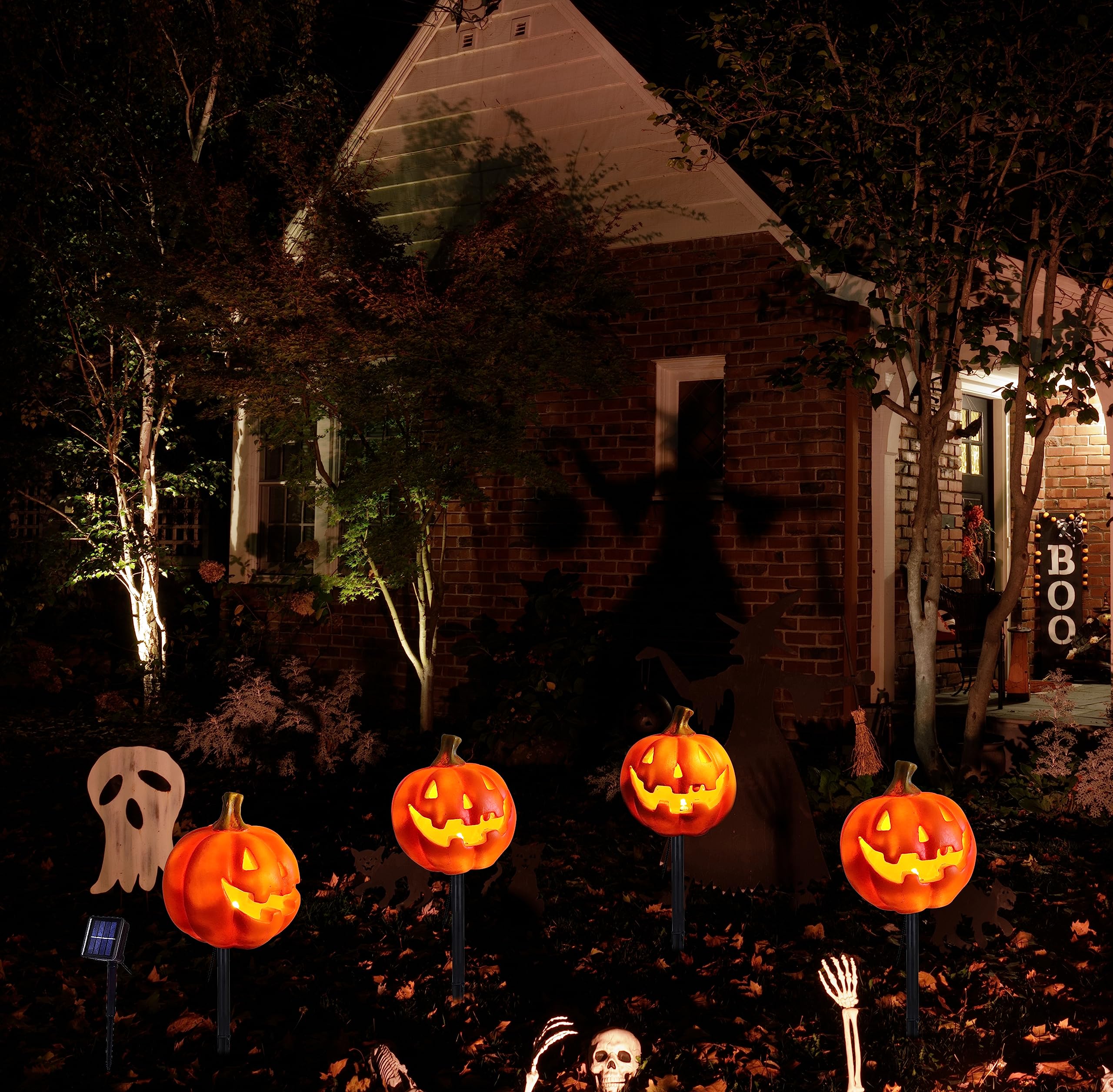 Night-Gring 4 Pack Halloween Pumpkin Pathway Solar Lights, Orange Yard Stake String Lights Halloween Outdoor Decorations, Waterproof Led Pumpkin Halloween Décor Walkway Lights