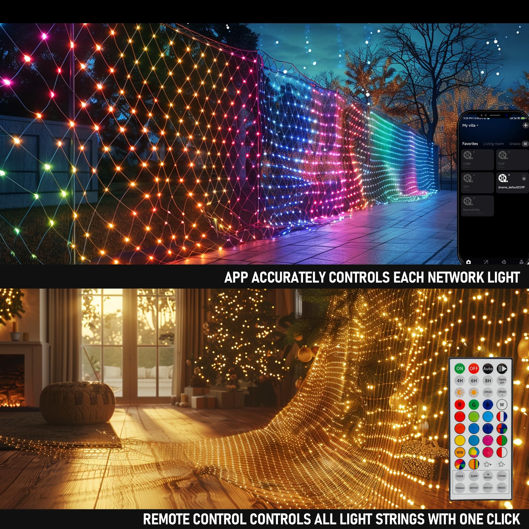 Dazzle Bright 360 LED Net Lights, RGB Color Changing, 12FT x 5FT, Clear Wire, Model HB-360WCOI, Indoor Outdoor Christmas Decoration