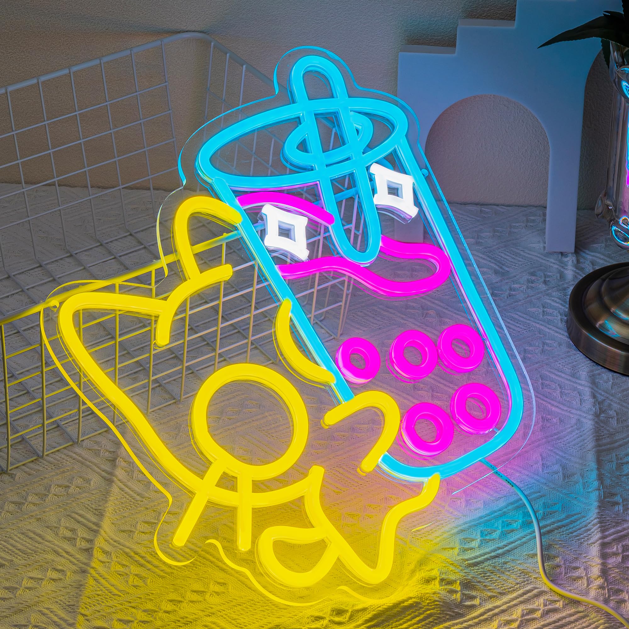 SUYUZUR LED Neon Sign - Cat Bubble Tea Light for Wall Decor - Colorful Acrylic - Yellow Pink - Model SLY-01
