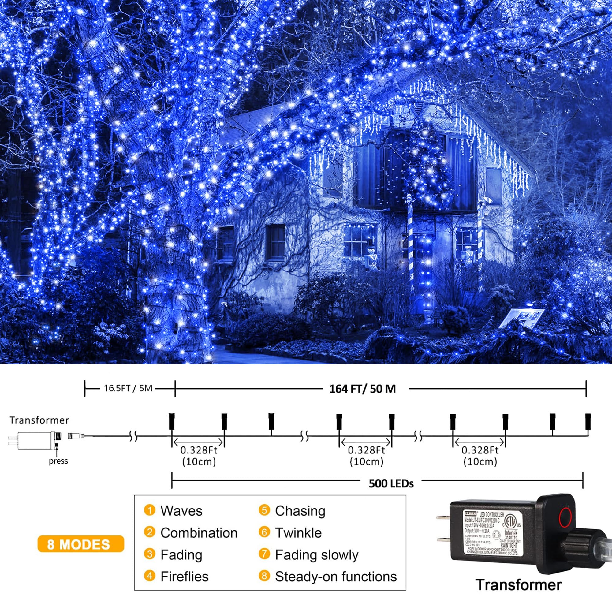 kemooie 500 LED Christmas Lights, 164FT, 8 Twinkle Modes, Waterproof, Blue and White, Model HB-500COI
