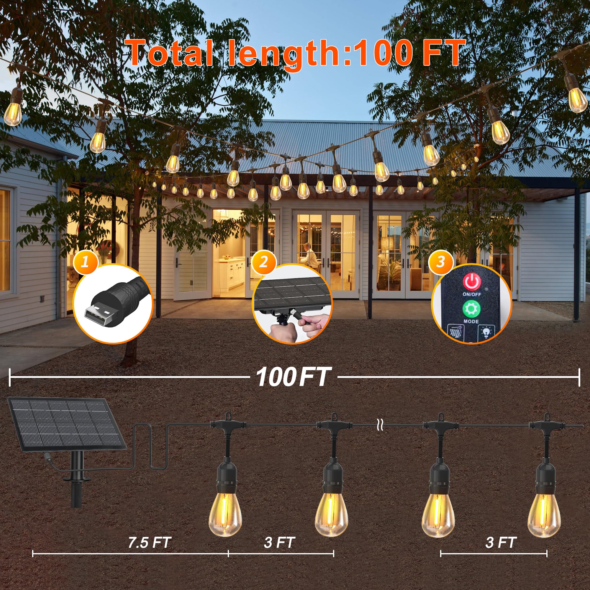 BLIATLUS 100FT Solar String Lights Outdoor Waterproof with Remote Control Solar Patio Lights 30+2 shatterproof LED E26 S14 Bulbs