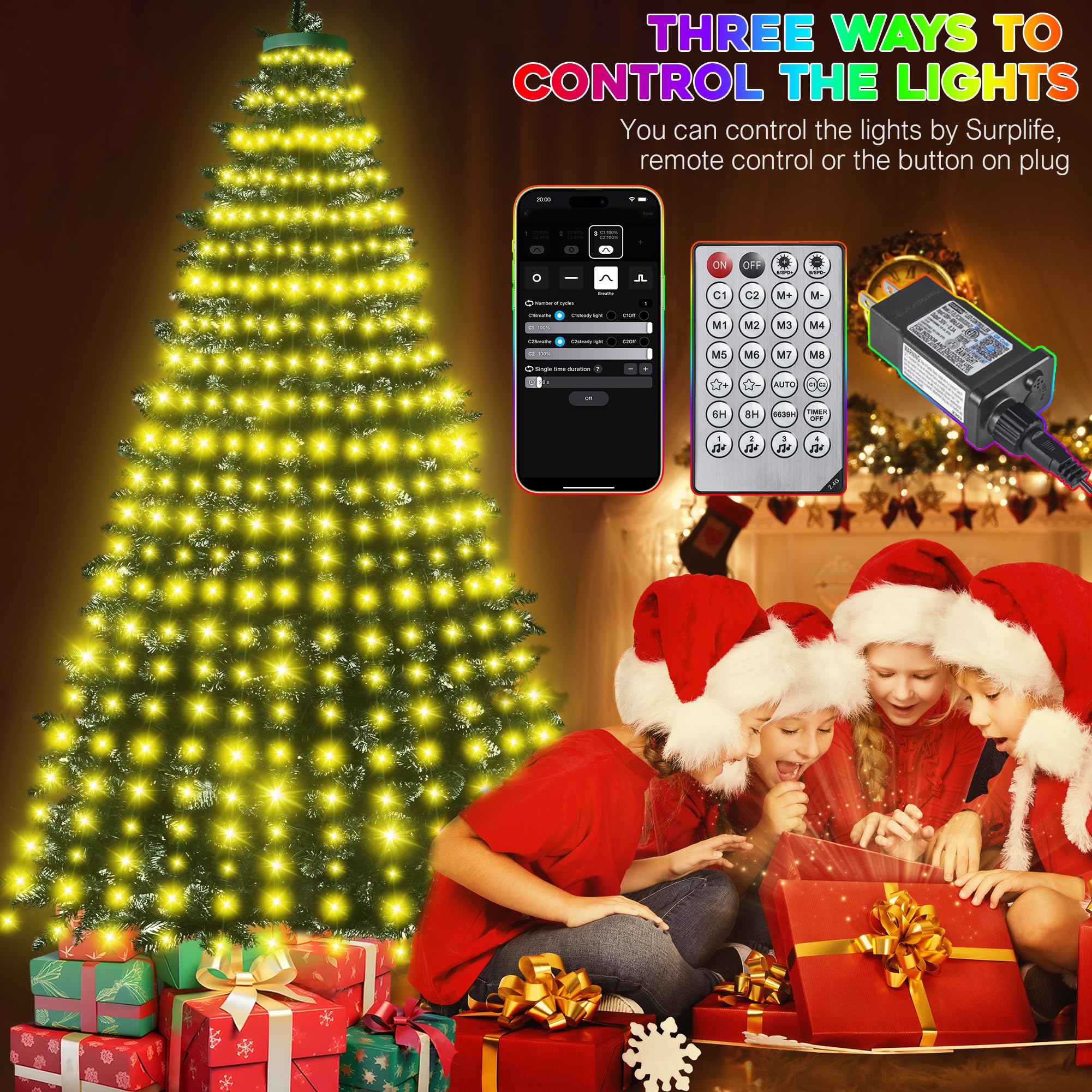 30+ Modes Ring Christmas Tree Lights Indoor Outdoor - 7.05Ft X 12 Lines 312 Led Easy App Control Color Changing Timer Remote Waterproof For 6 7 Ft Xmas Trees (Warm White To Multicolor)