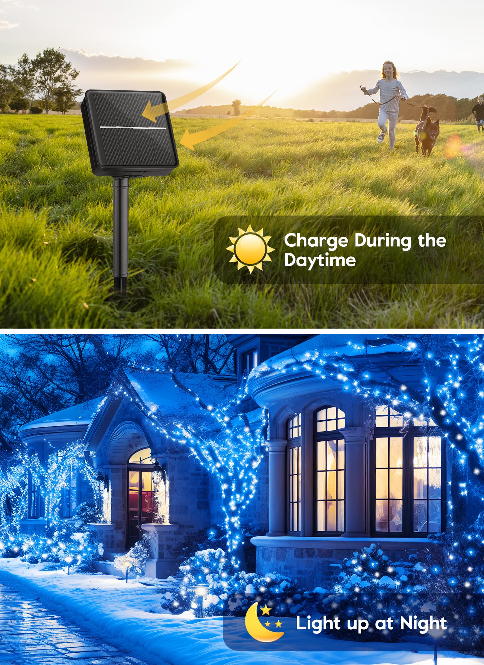 Minetom Solar String Lights For Outside, 33Ft 100 Led Outdoor Solar Fairy Lights, 8 Modes Balcony Lights For Tree Patio Christmas Party Decor (Blue And White)