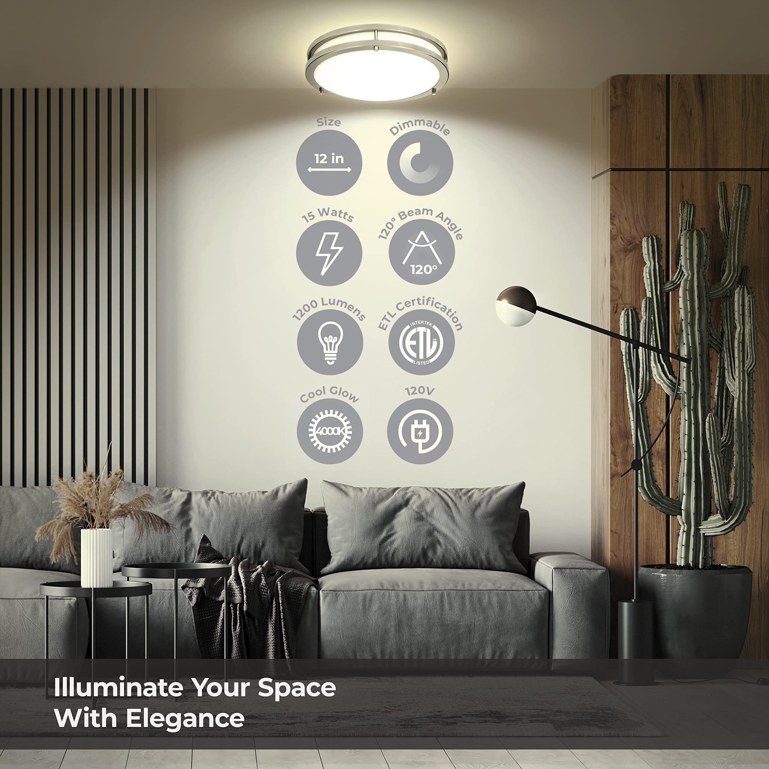 Lb72119 Led Flush Mount Ceiling Light, 12 Inch, 15W (150W Equivalent) Dimmable 1200Lm, 4000K Cool White, Brushed Nickel Round Li