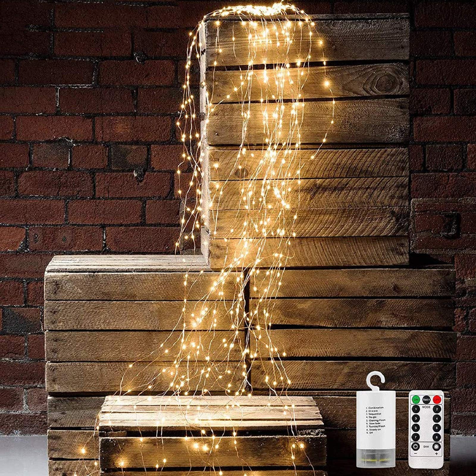VOOKRY 10 Strands 200 LEDs Hanging Twinkle Fairy Lights Battery Operated with Remote  Waterproof Waterfall Vine String Lights Silver Wire Branch Lights with Timer for Outdoor DIY Watering Can Lights