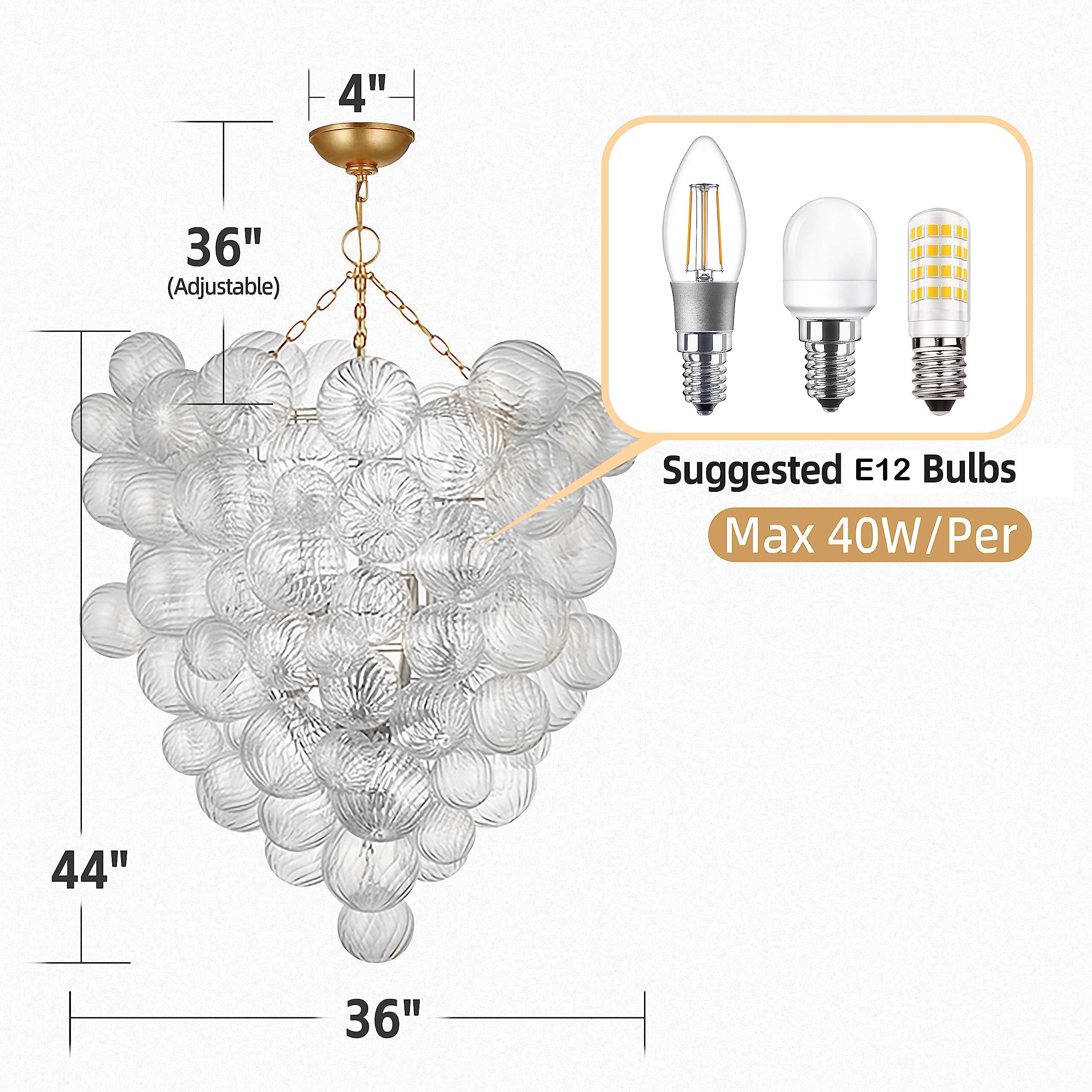 Longree Mid Century Bubble Ball Swirled Glass Chandelier, 2-Layer Cages Gild Gold And Clear Blown Glass Large Pendant Light Fixt