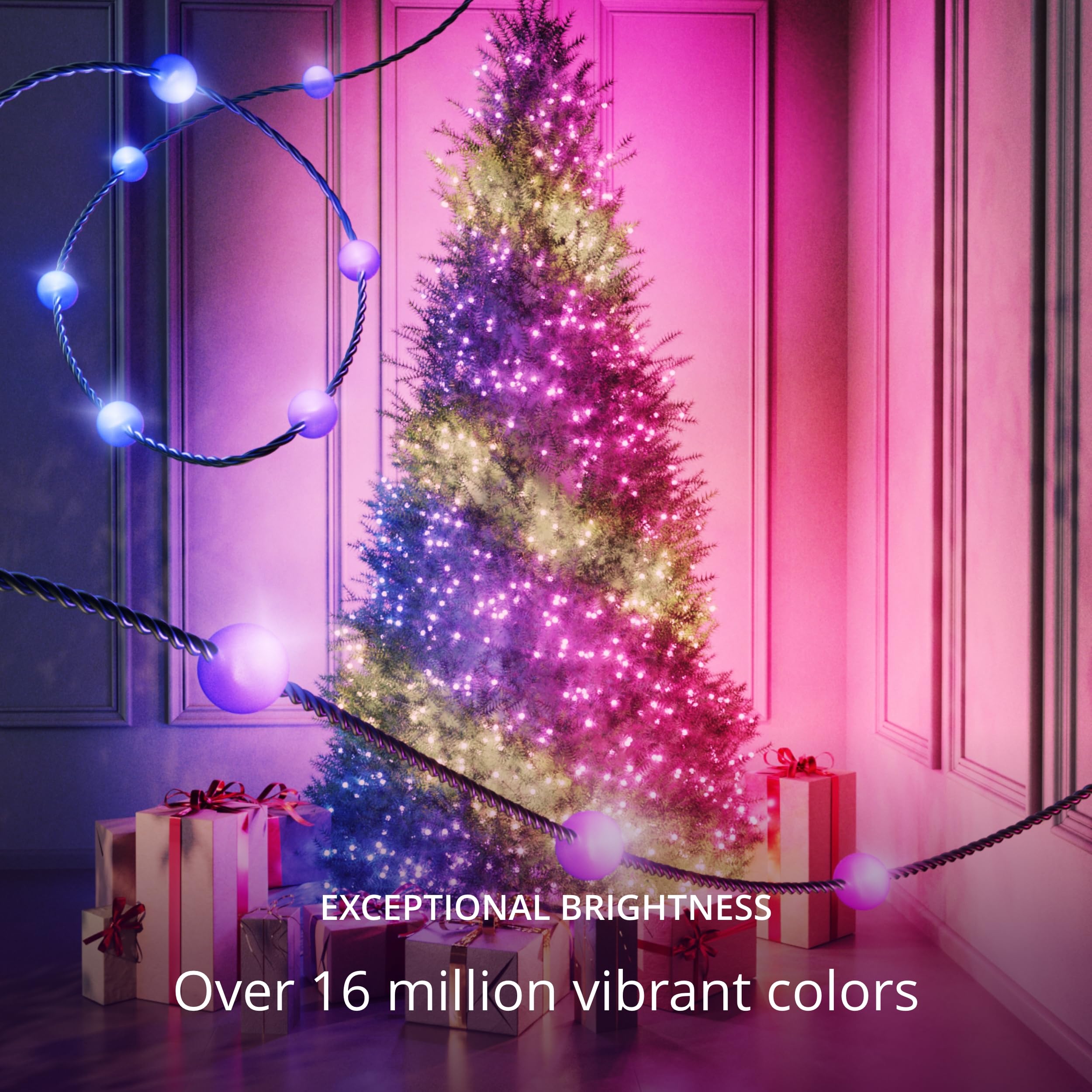 Twinkly 200 LED RGB Pearl-Shaped Light String, 39.4ft Green Wire, USB-C, Compatible with Alexa & Google Home