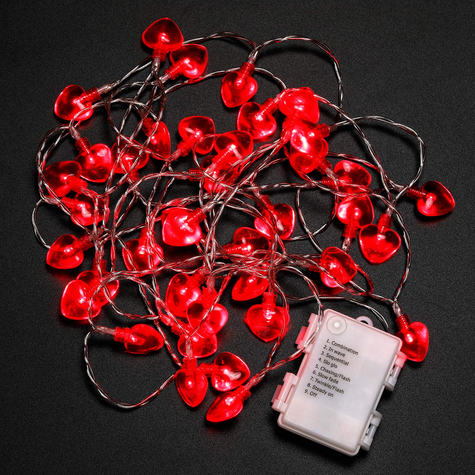 Luditek 40LED Heart Shape String Lights, 14.7ft, Battery Operated, Red, Model GL096, Indoor/Outdoor Decor
