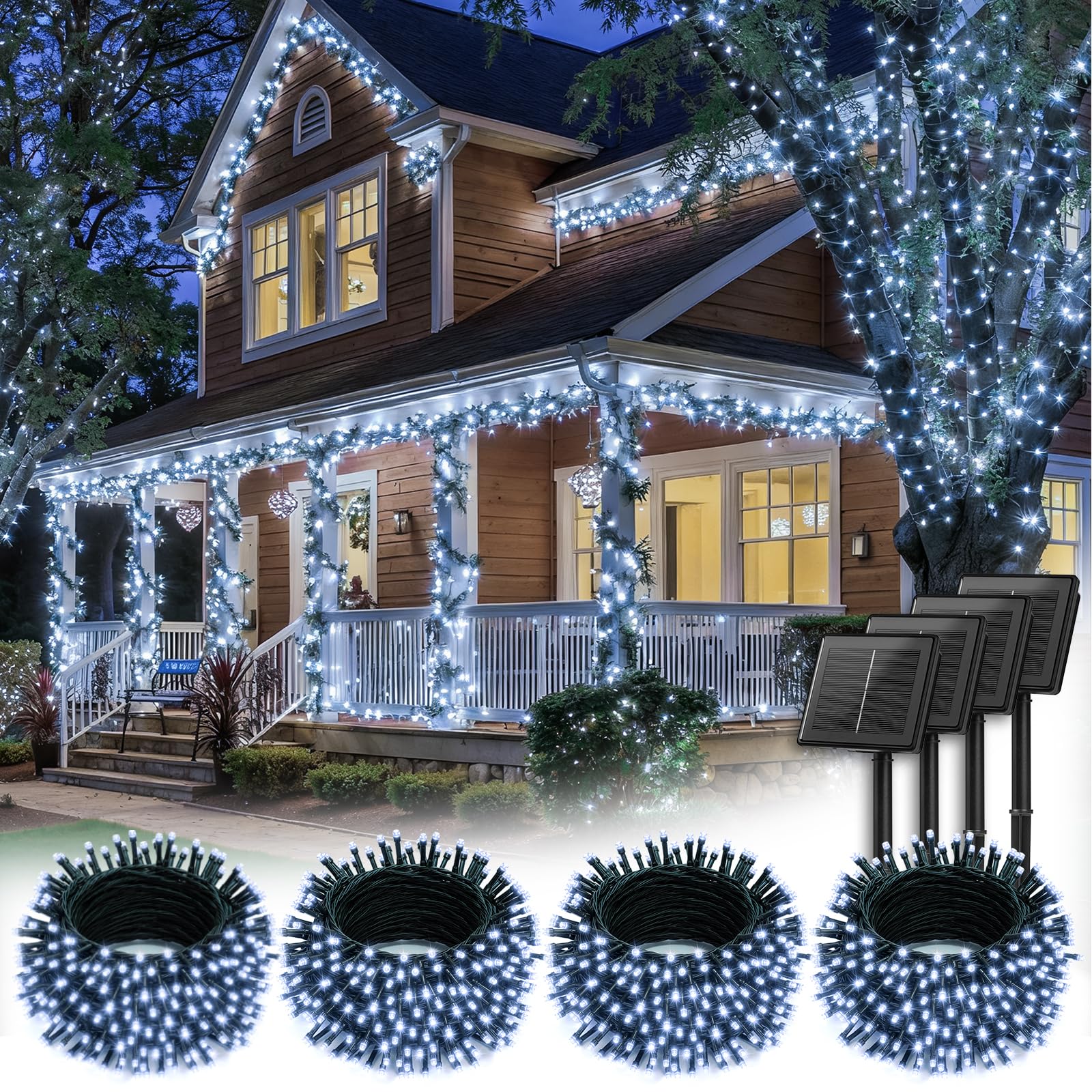 Brightown 4 Pack Solar String Lights Outdoor  Total 288Ft 800 Led Twinkle Fairy Lights Waterproof With 8 Modes Auto On/Off For Patio Tree Garden Party Home Wedding Christmas Decorations (Cool White)