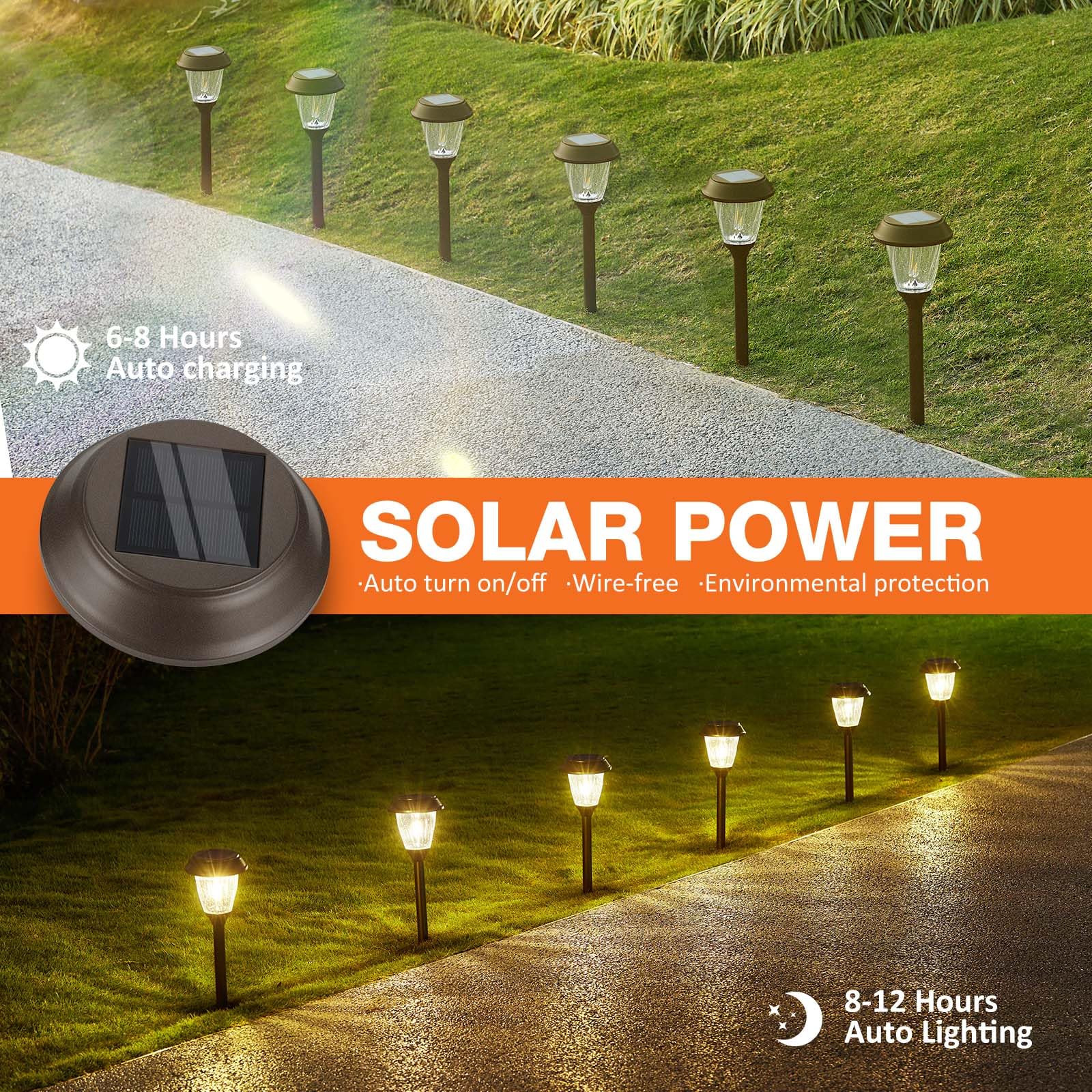 XMCOSY+ Solar Garden Lights, IP65 Waterproof, Stainless Steel, 10/25 LM, Warm White, 6 Pack, Model SL-0204-06, Reddish-B