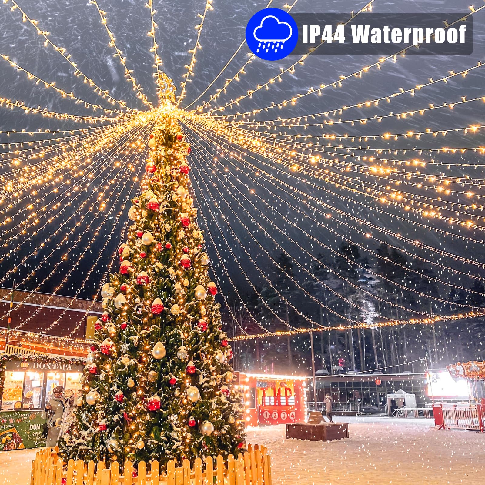 Vivideal 33Ft 100 Led Christmas Lights Outdoor Waterproof, Warm White Christmas String Lights Indoor Clear Wire 8 Modes, Plug In