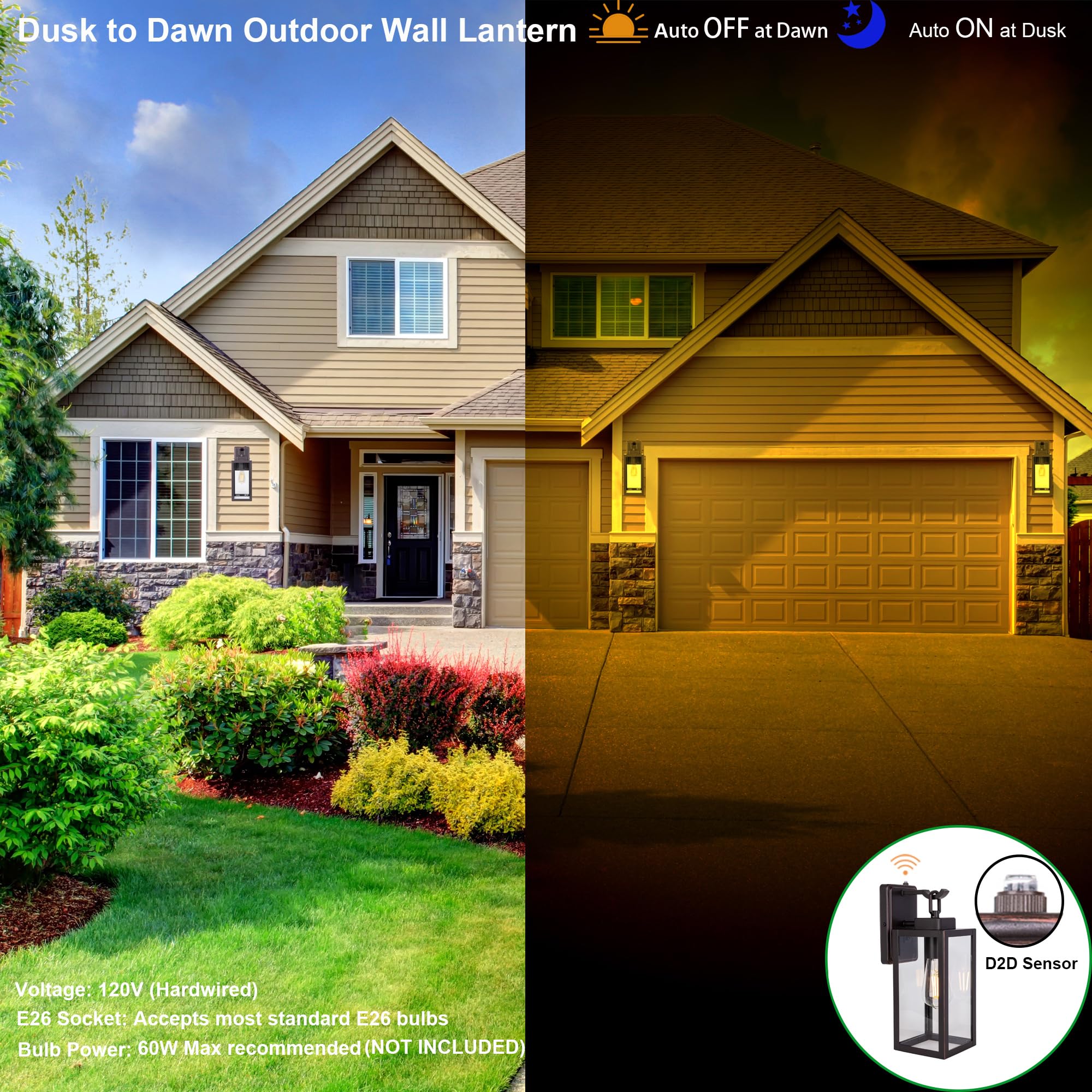 LIT-PaTH Dusk to Dawn Outdoor Wall Lantern, Wall Sconce as Porch Lighting Fixture, E26 Medium Base Max 60W, Anti-Rust Metal with