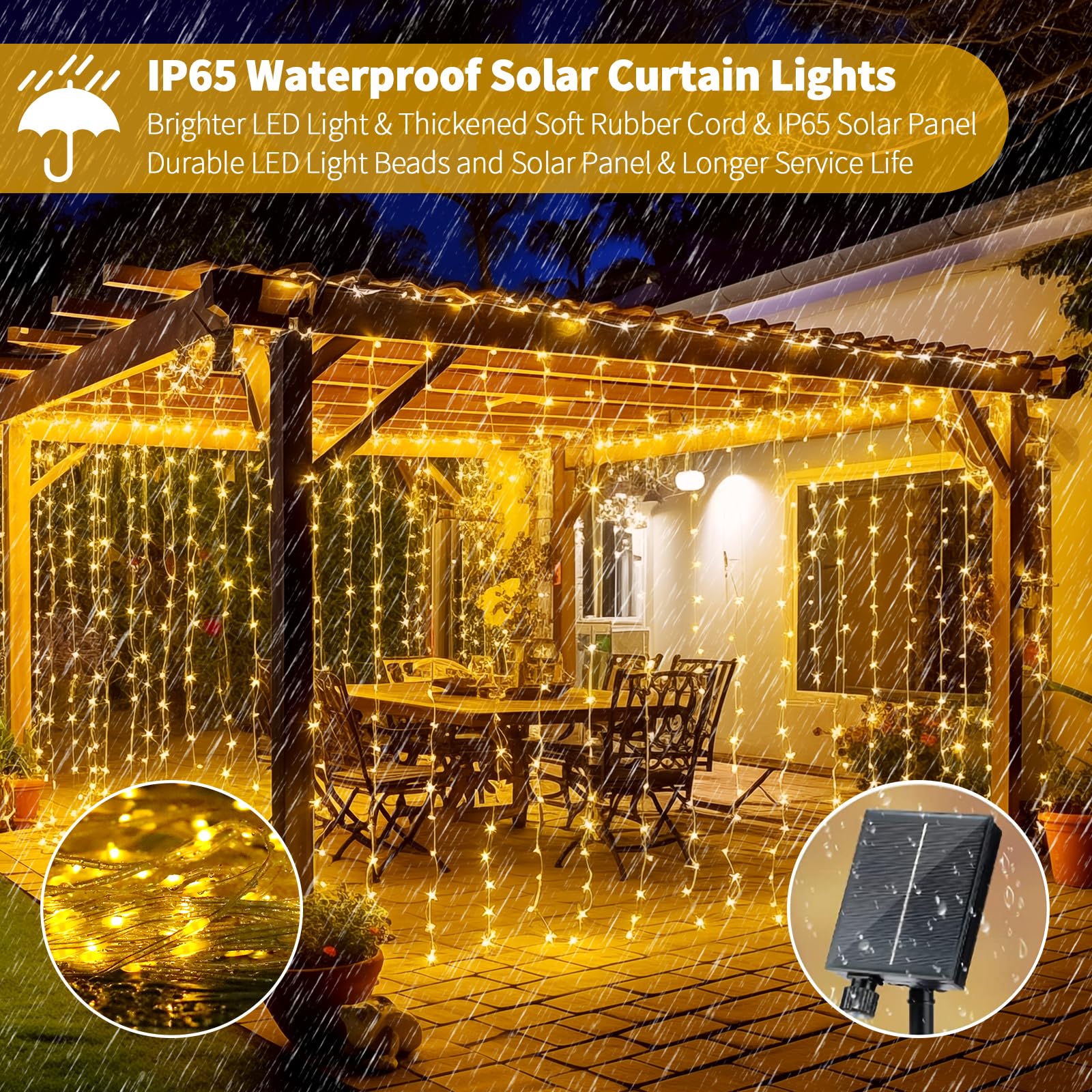 RCNDJE 600LED Solar Curtain Lights Waterproof, 20FT, Warm White, Model RJ-240, Remote Control, 8 Modes, USB Rechargeable
