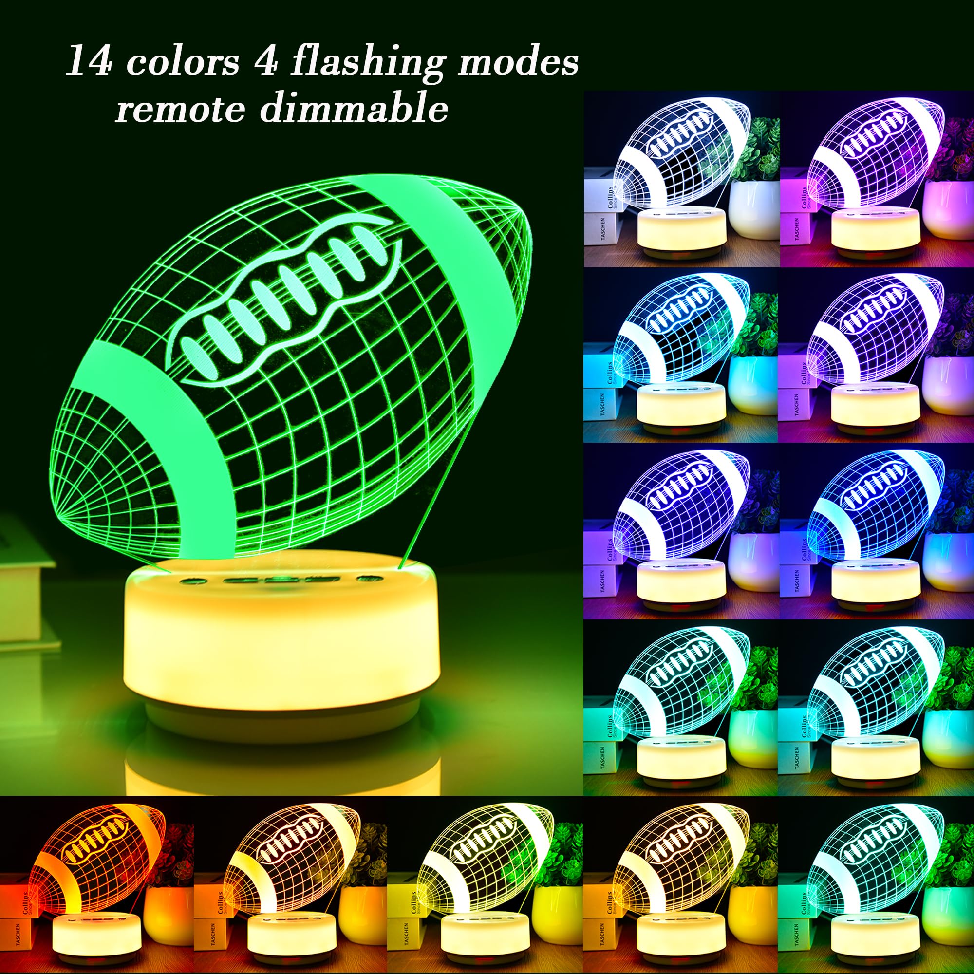 Childrenlive Football Night Light, 3D LED Lamp, 14 Colors, Remote Control, Plastic, Model CH002, Bedroom Sports Decor