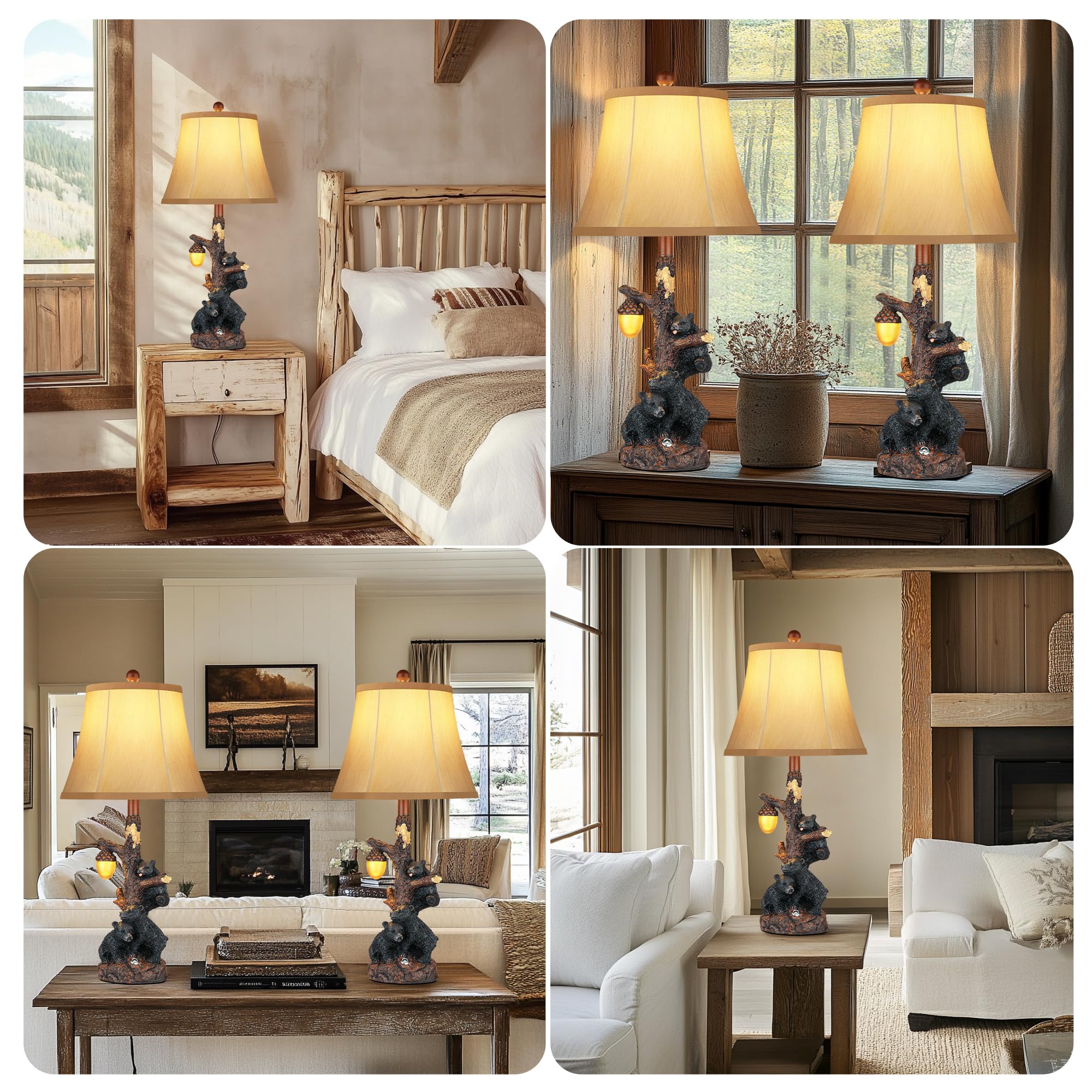 Hamucd Set of 2 Bear Bedside Table Lamps, Touch Accent, USB A+C, Brown, Farmhouse Rustic Nightstand Lamps for Bedroom & Living Room Decor