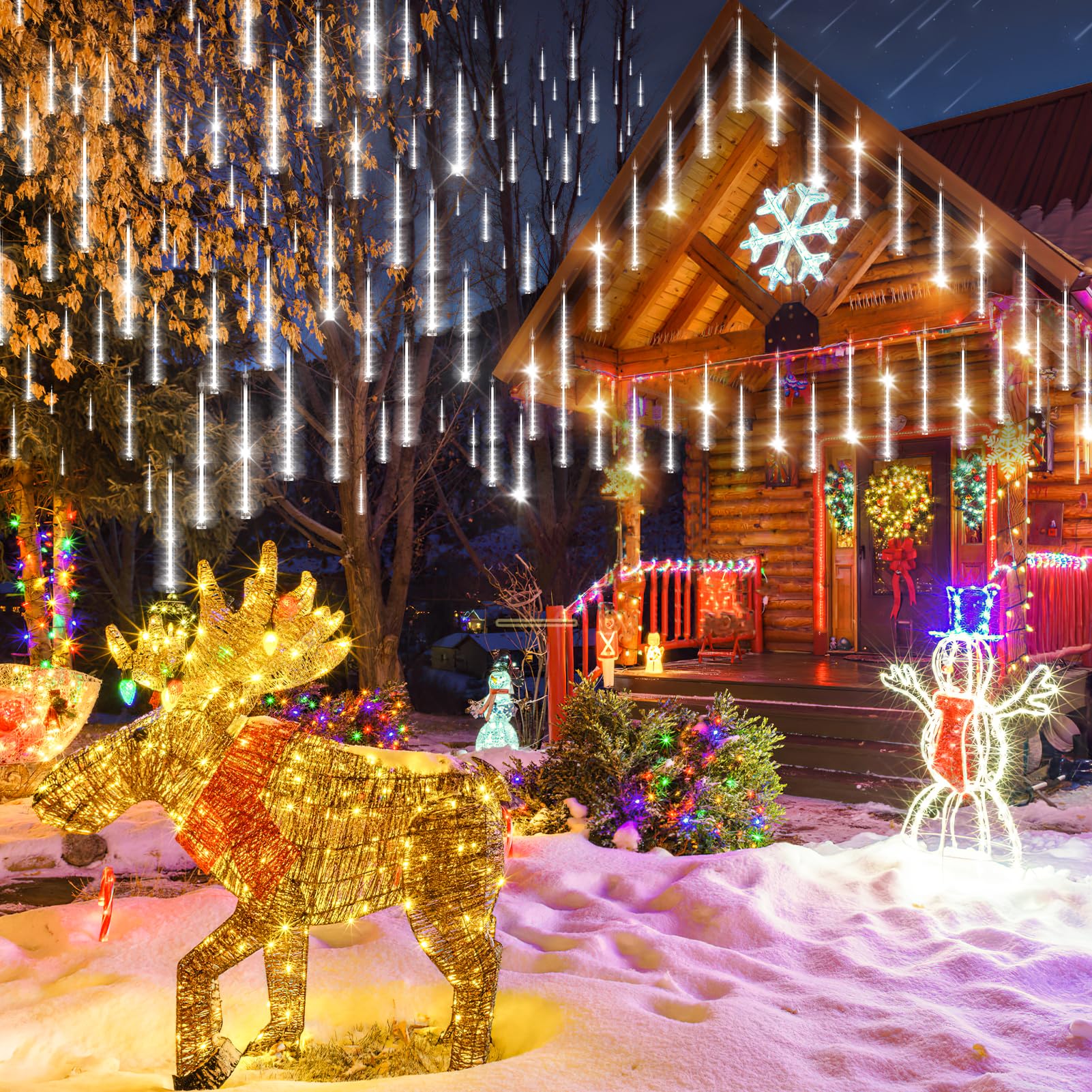 KNONEW 15in Outdoor Christmas Lights, 24 Tubes, 672 LED Cool White Meteor Shower Lights, Waterproof for Holiday Decorations