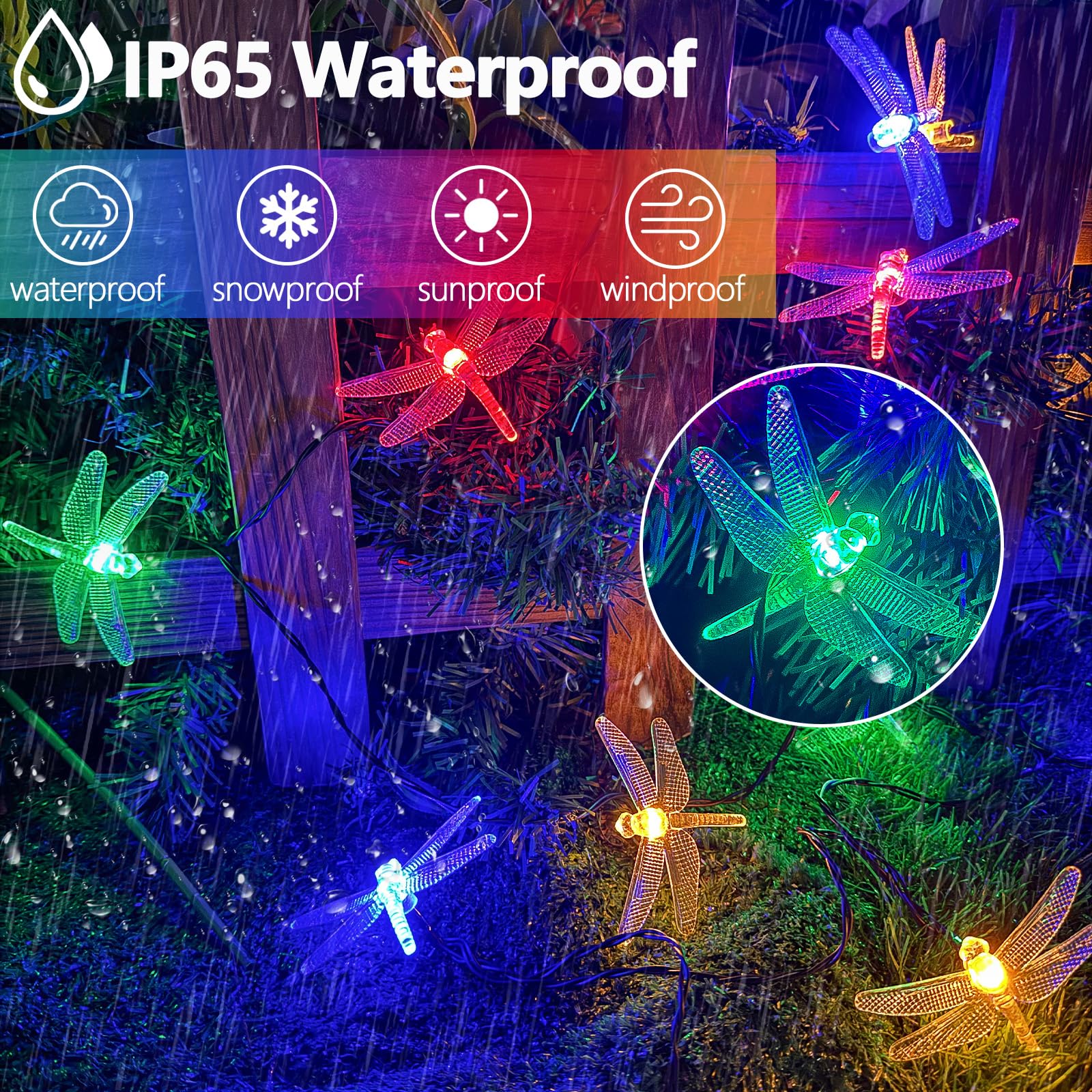 OZS Dragonfly Solar Lights 2PK 40LED 50FT Multicolor Waterproof Fairy Lights for Garden Decor, Patio, Pathway