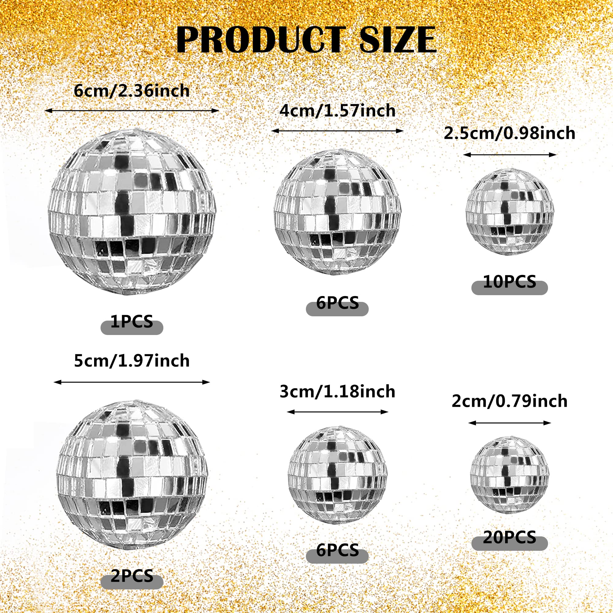 45 PCS 0.79 Inch 0.98 Inch 1.18 Inch 1.57 Inch 1.97 Inch 2.36 Inch Disco Ball Cake Decoration Ornaments Reflective Mirror Ball C