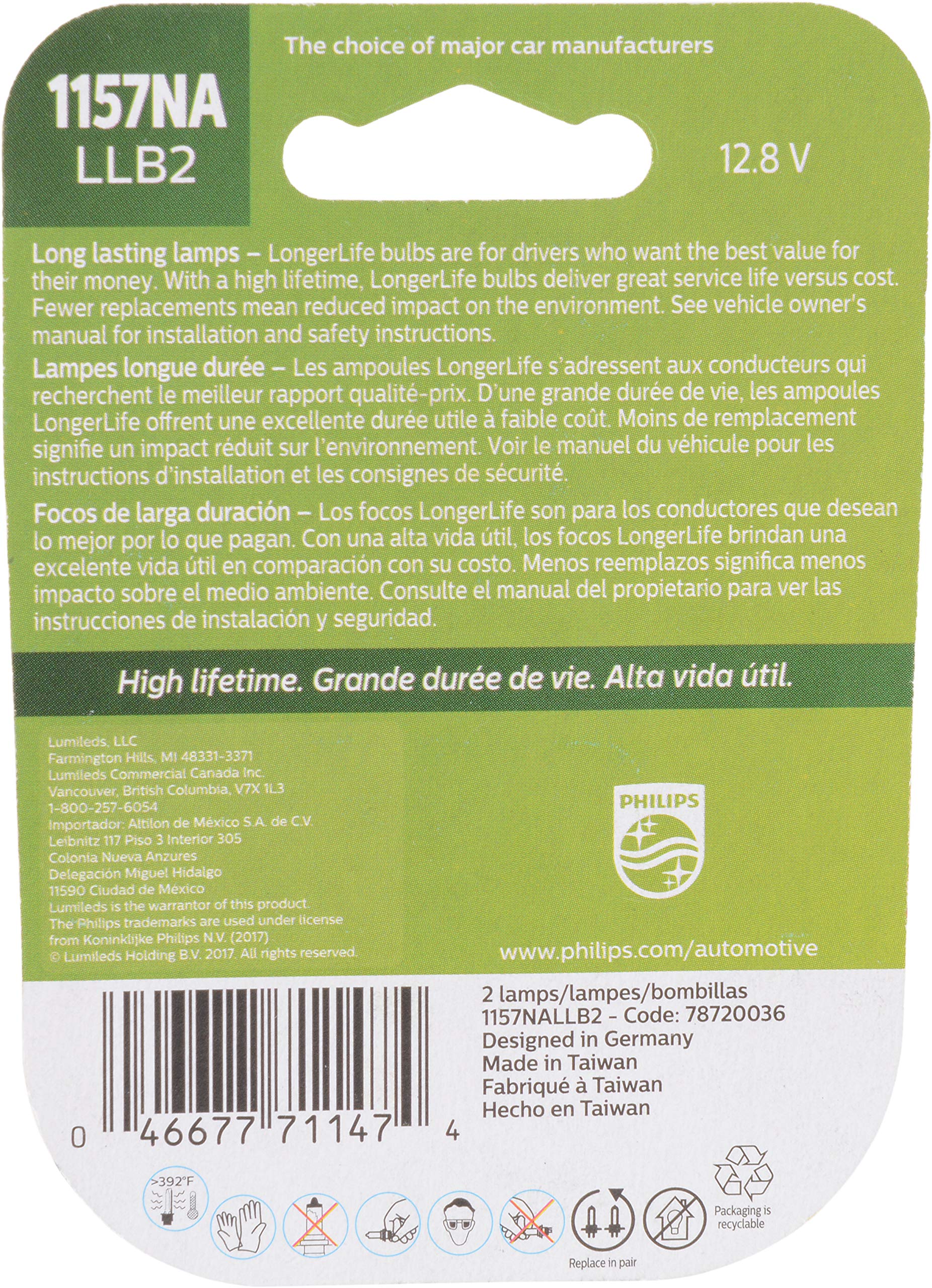 Philips Automotive Lighting 1157NALLB2 LongerLife Miniature Bulb, 2 Pack